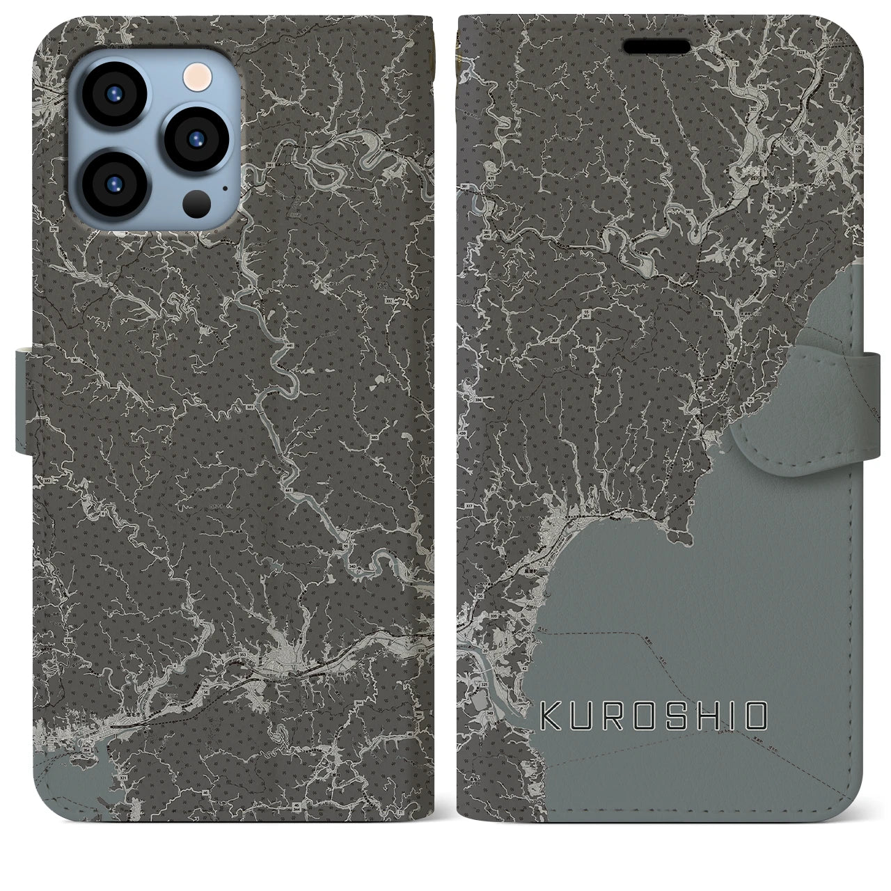 【黒潮(高知県)】地図柄iPhoneケース(手帳タイプ)モノトーン・iPhone 13 Pro Max 用
