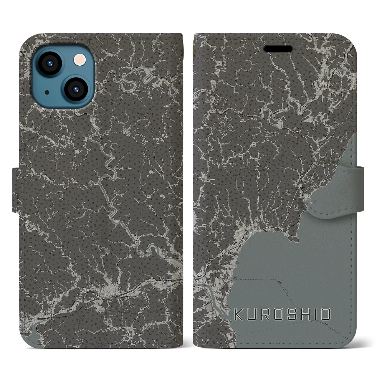 【黒潮(高知県)】地図柄iPhoneケース(手帳タイプ)モノトーン・iPhone 13 用
