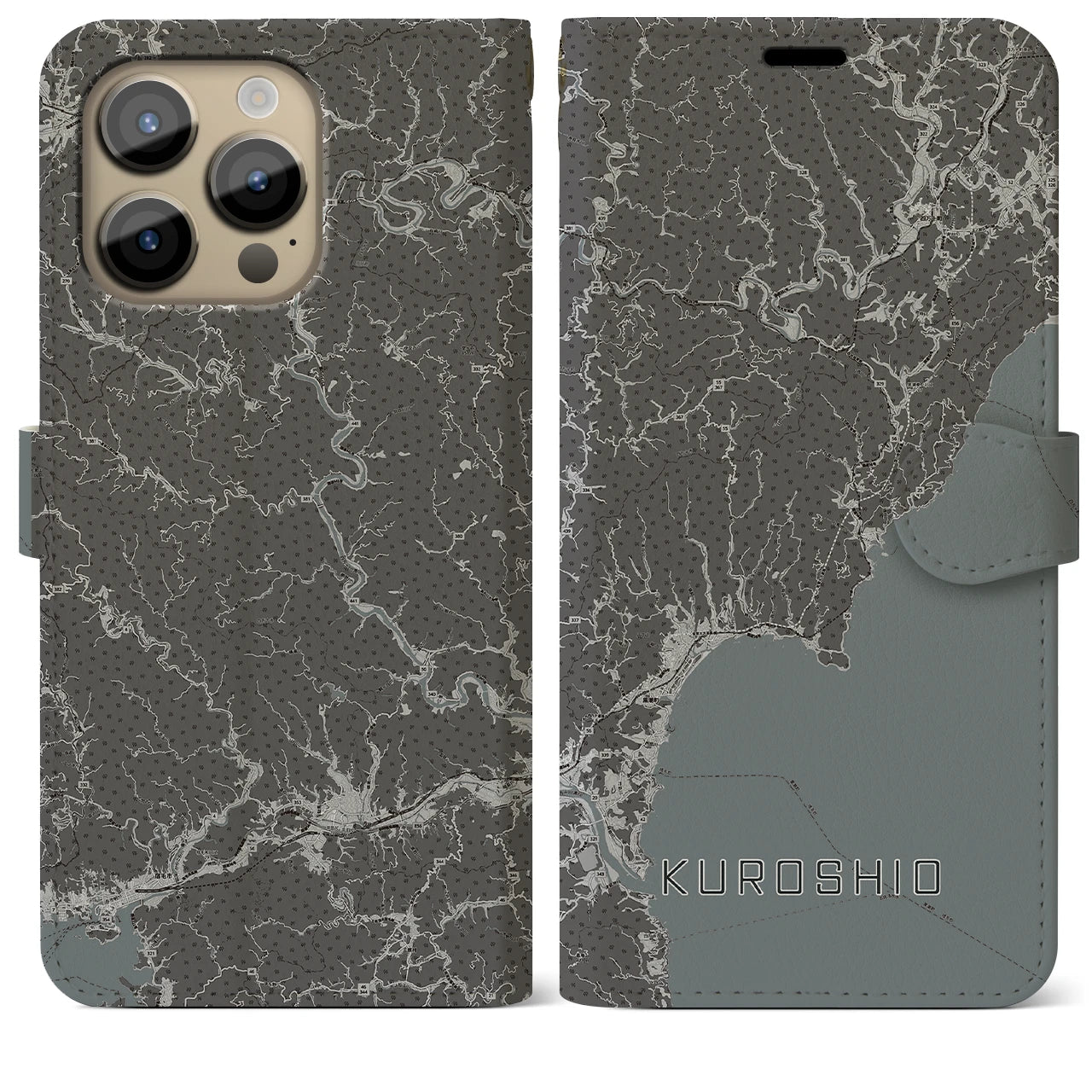 【黒潮(高知県)】地図柄iPhoneケース(手帳タイプ)モノトーン・iPhone 14 Pro Max 用