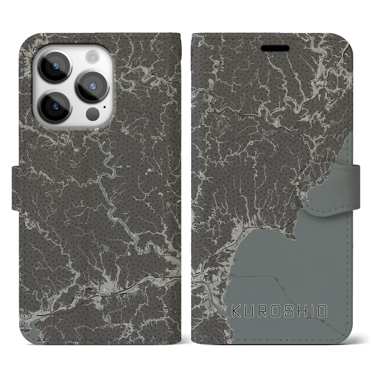 【黒潮(高知県)】地図柄iPhoneケース(手帳タイプ)モノトーン・iPhone 14 Pro 用