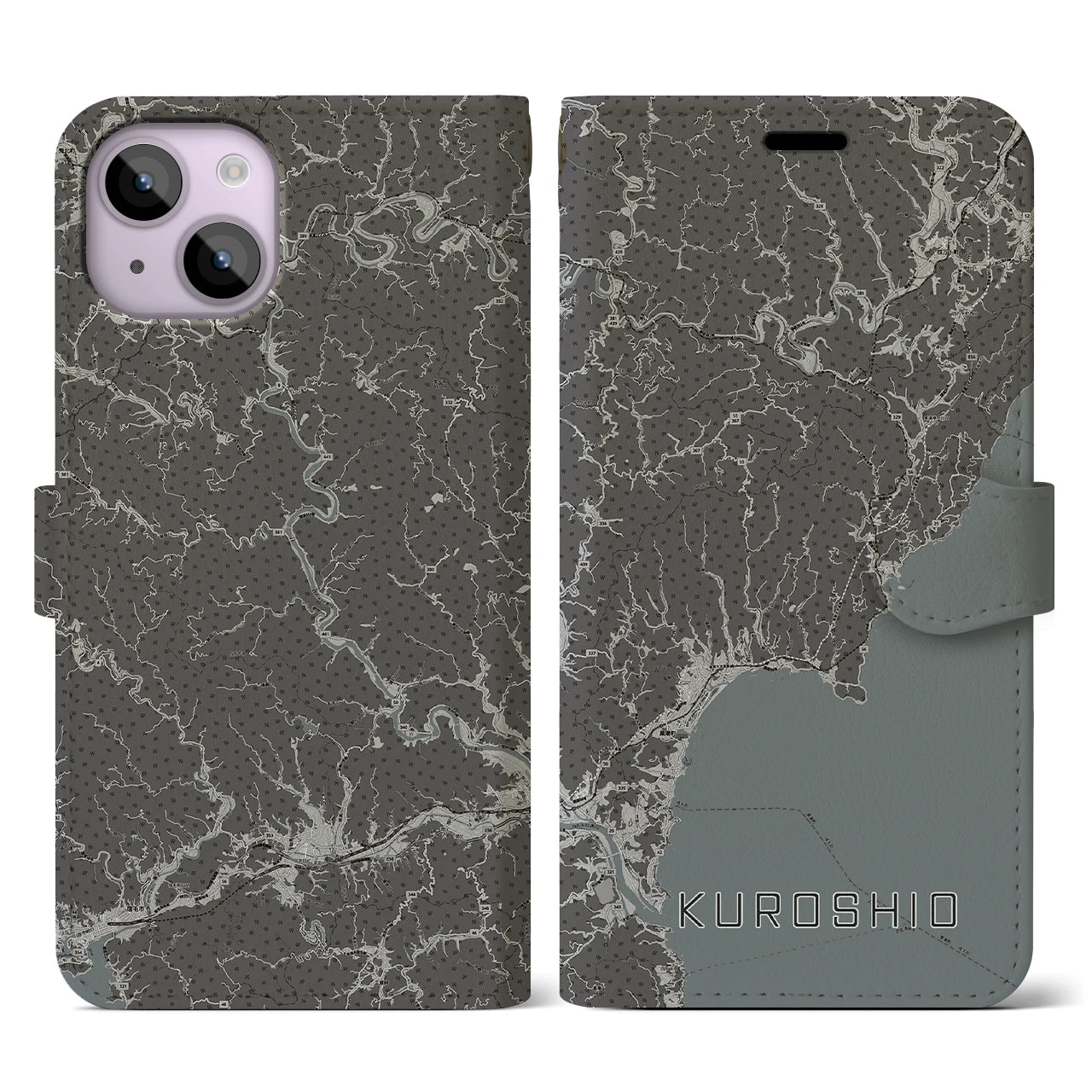 【黒潮(高知県)】地図柄iPhoneケース(手帳タイプ)モノトーン・iPhone 14 用