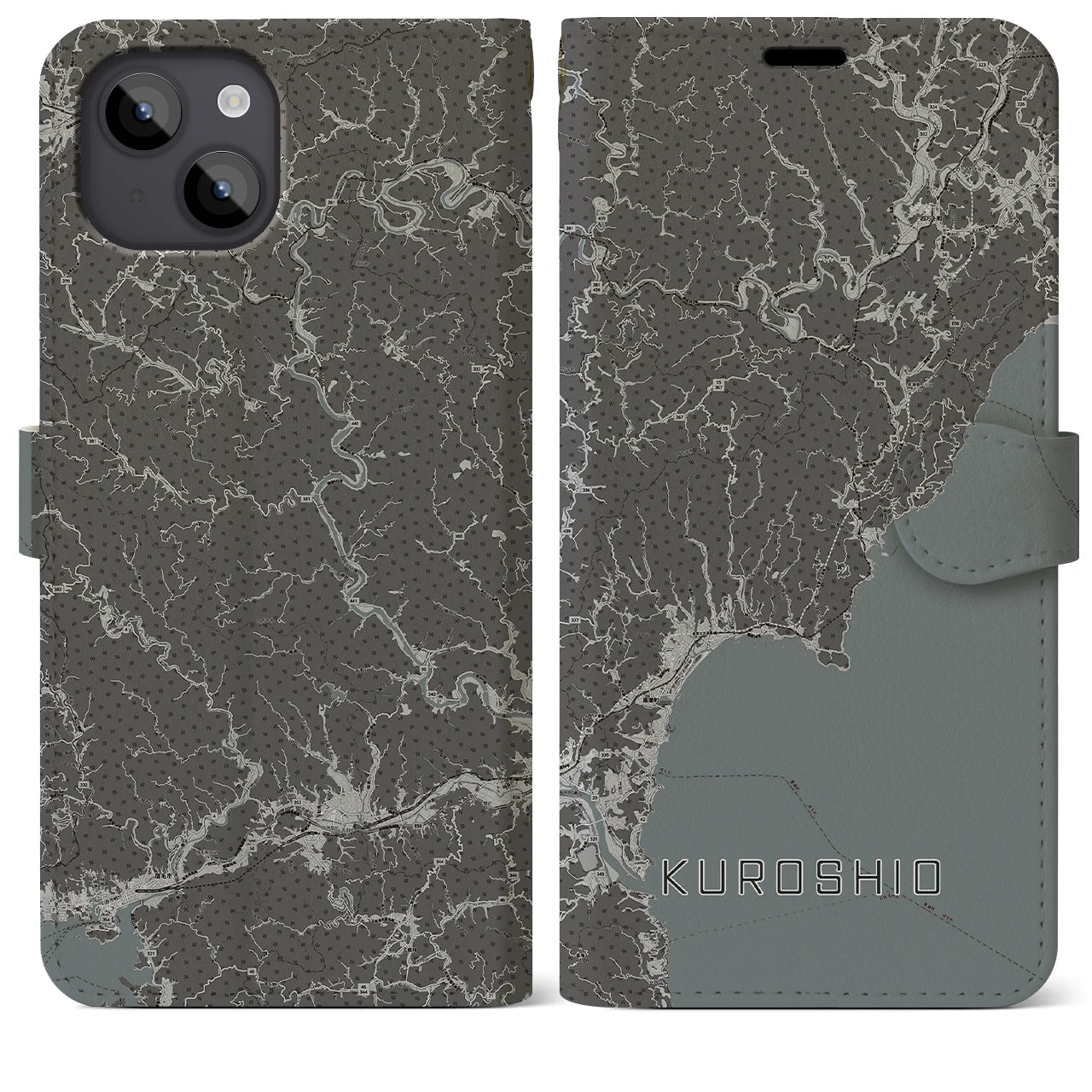 【黒潮(高知県)】地図柄iPhoneケース(手帳タイプ)モノトーン・iPhone 14 Plus 用