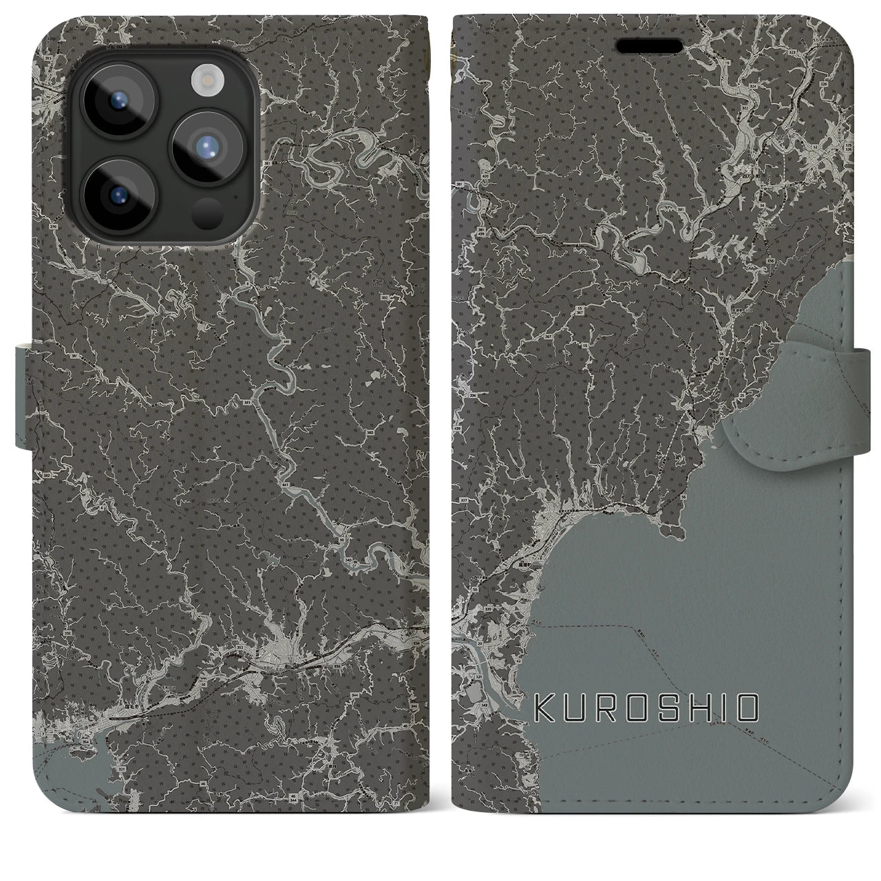 【黒潮(高知県)】地図柄iPhoneケース(手帳タイプ)モノトーン・iPhone 15 Pro Max 用