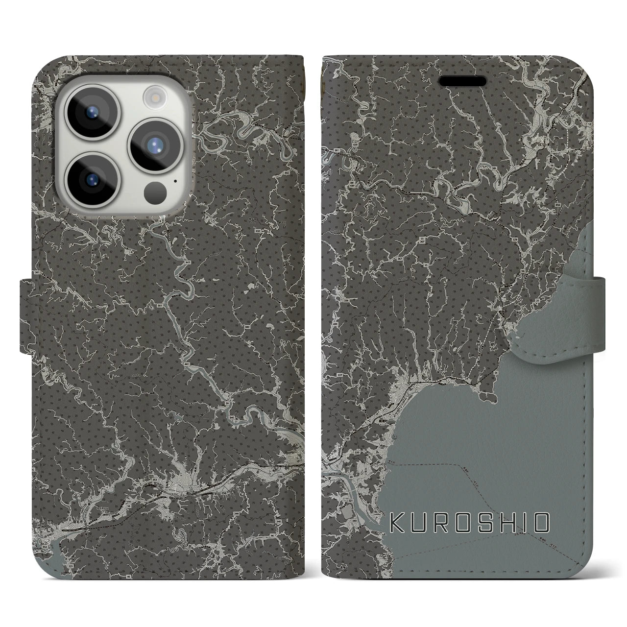 【黒潮(高知県)】地図柄iPhoneケース(手帳タイプ)モノトーン・iPhone 15 Pro 用