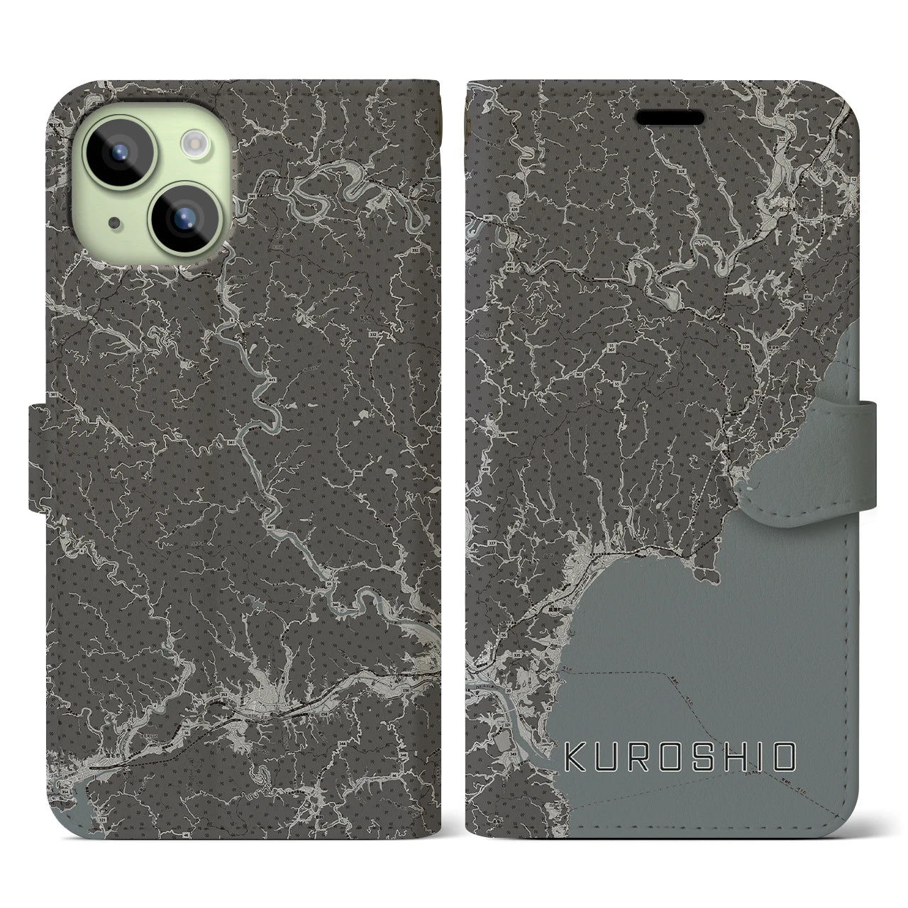 【黒潮(高知県)】地図柄iPhoneケース(手帳タイプ)モノトーン・iPhone 15 用