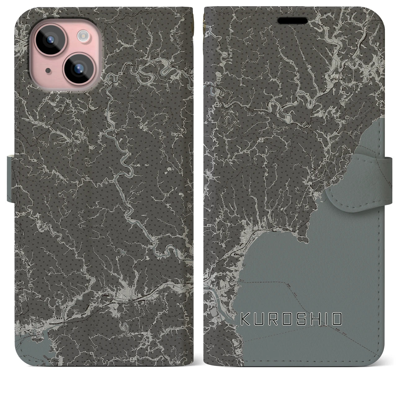 【黒潮(高知県)】地図柄iPhoneケース(手帳タイプ)モノトーン・iPhone 15 Plus 用