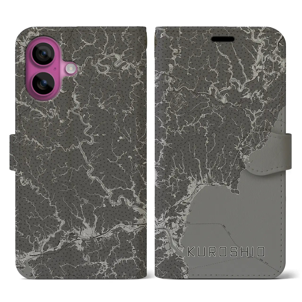 【黒潮(高知県)】地図柄iPhoneケース(手帳タイプ)モノトーン・iPhone 16 Pro 用