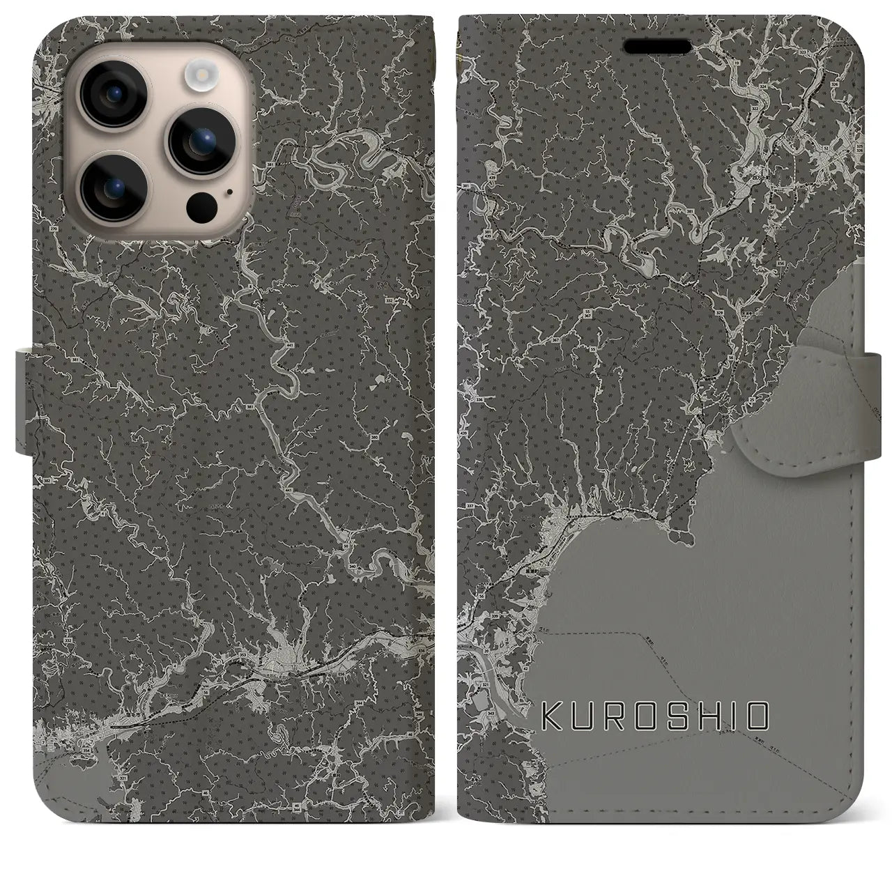 【黒潮(高知県)】地図柄iPhoneケース(手帳タイプ)モノトーン・iPhone 16 Plus 用