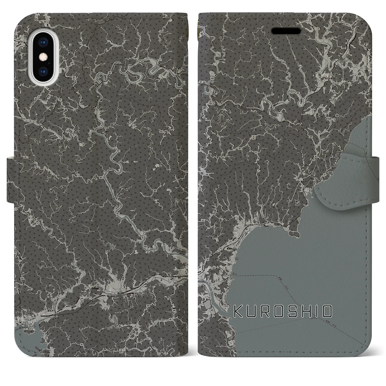 【黒潮(高知県)】地図柄iPhoneケース(手帳タイプ)モノトーン・iPhone XS Max 用