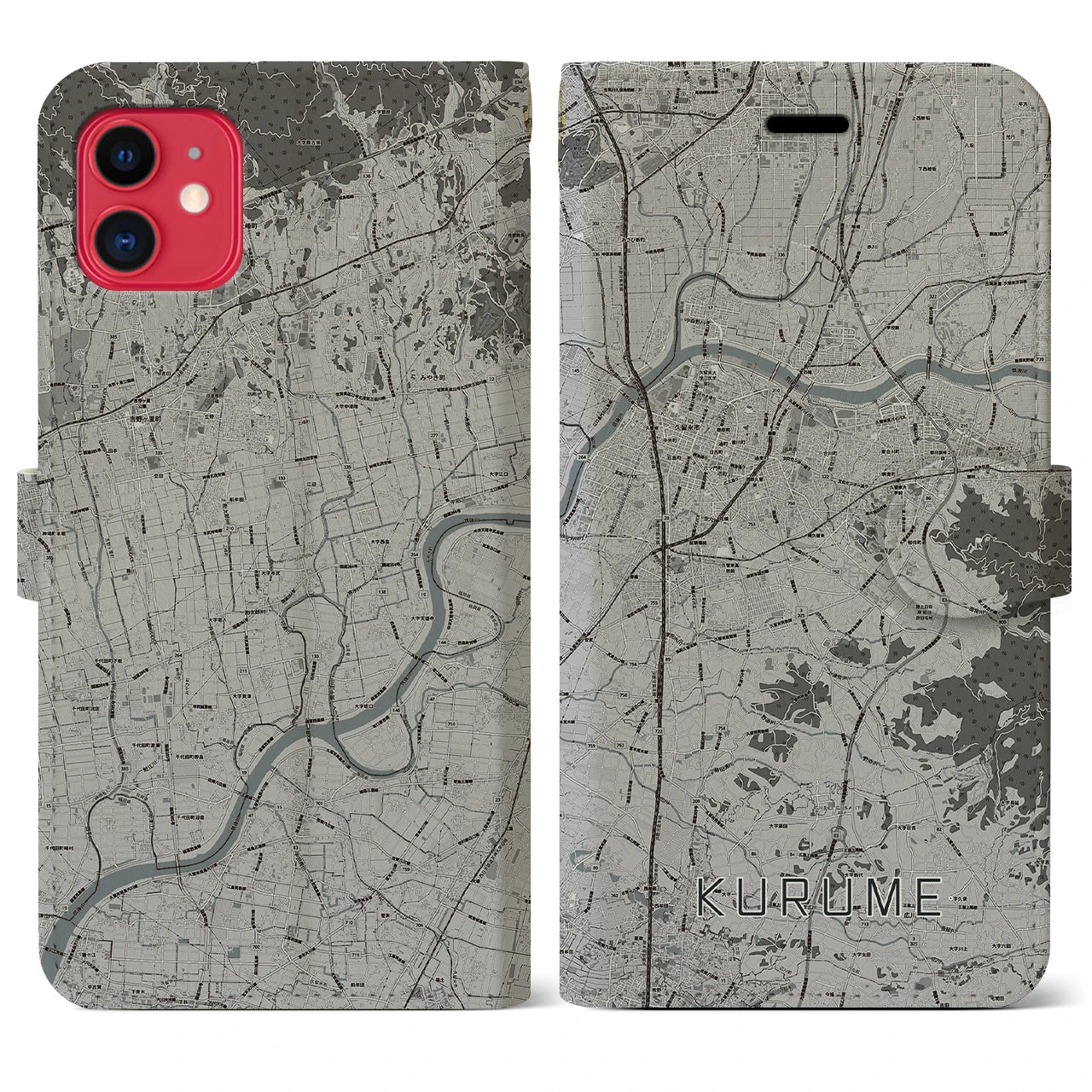 【久留米(福岡県)】地図柄iPhoneケース(手帳タイプ)モノトーン・iPhone 11 用