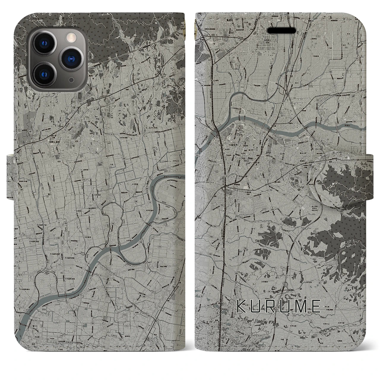 【久留米(福岡県)】地図柄iPhoneケース(手帳タイプ)モノトーン・iPhone 11 Pro Max 用