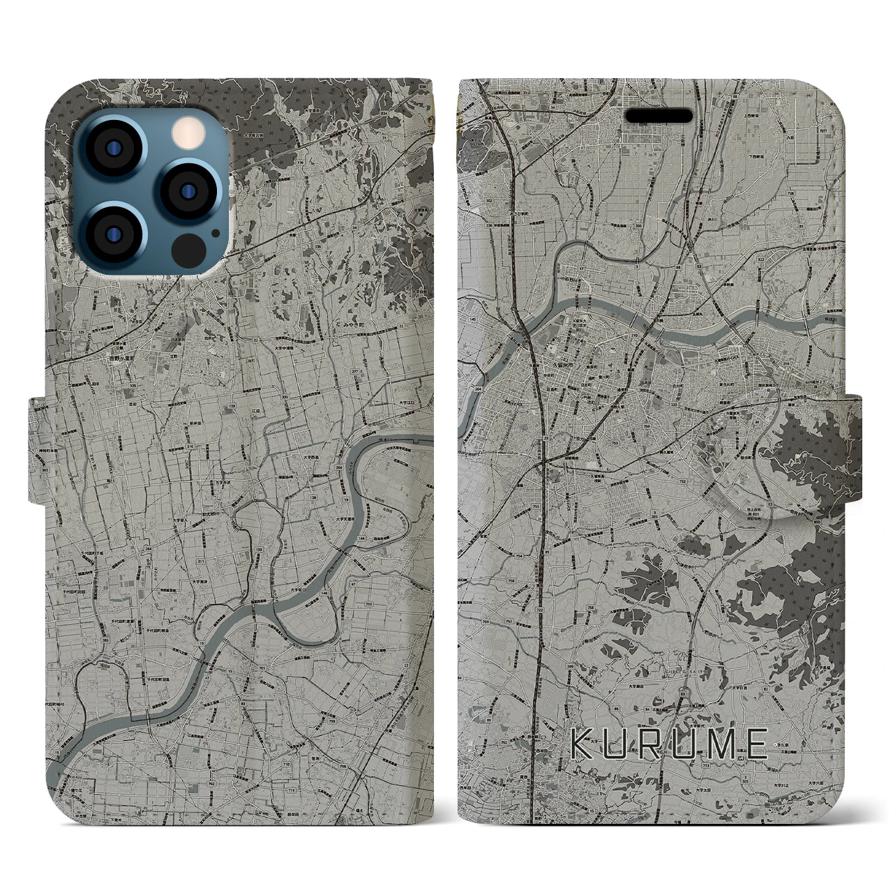 【久留米(福岡県)】地図柄iPhoneケース(手帳タイプ)モノトーン・iPhone 12 / 12 Pro 用
