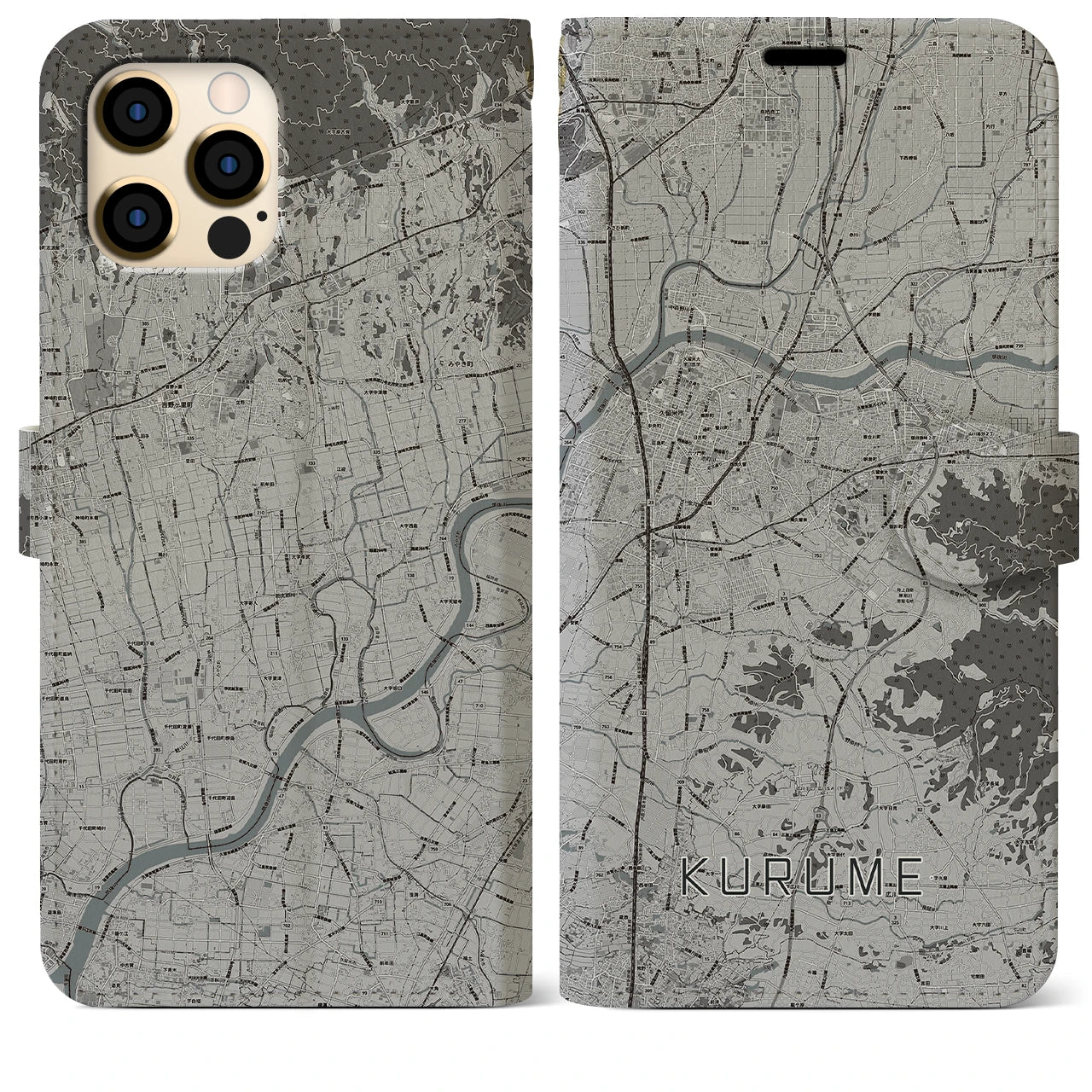 【久留米(福岡県)】地図柄iPhoneケース(手帳タイプ)モノトーン・iPhone 12 Pro Max 用