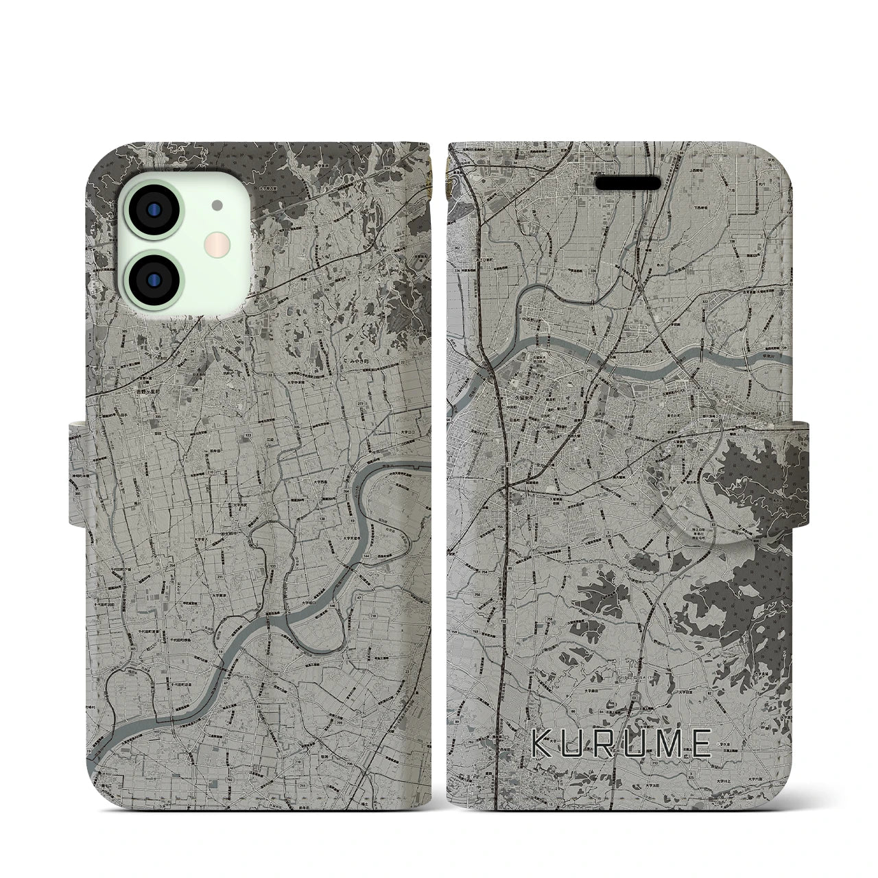 【久留米(福岡県)】地図柄iPhoneケース(手帳タイプ)モノトーン・iPhone 12 mini 用