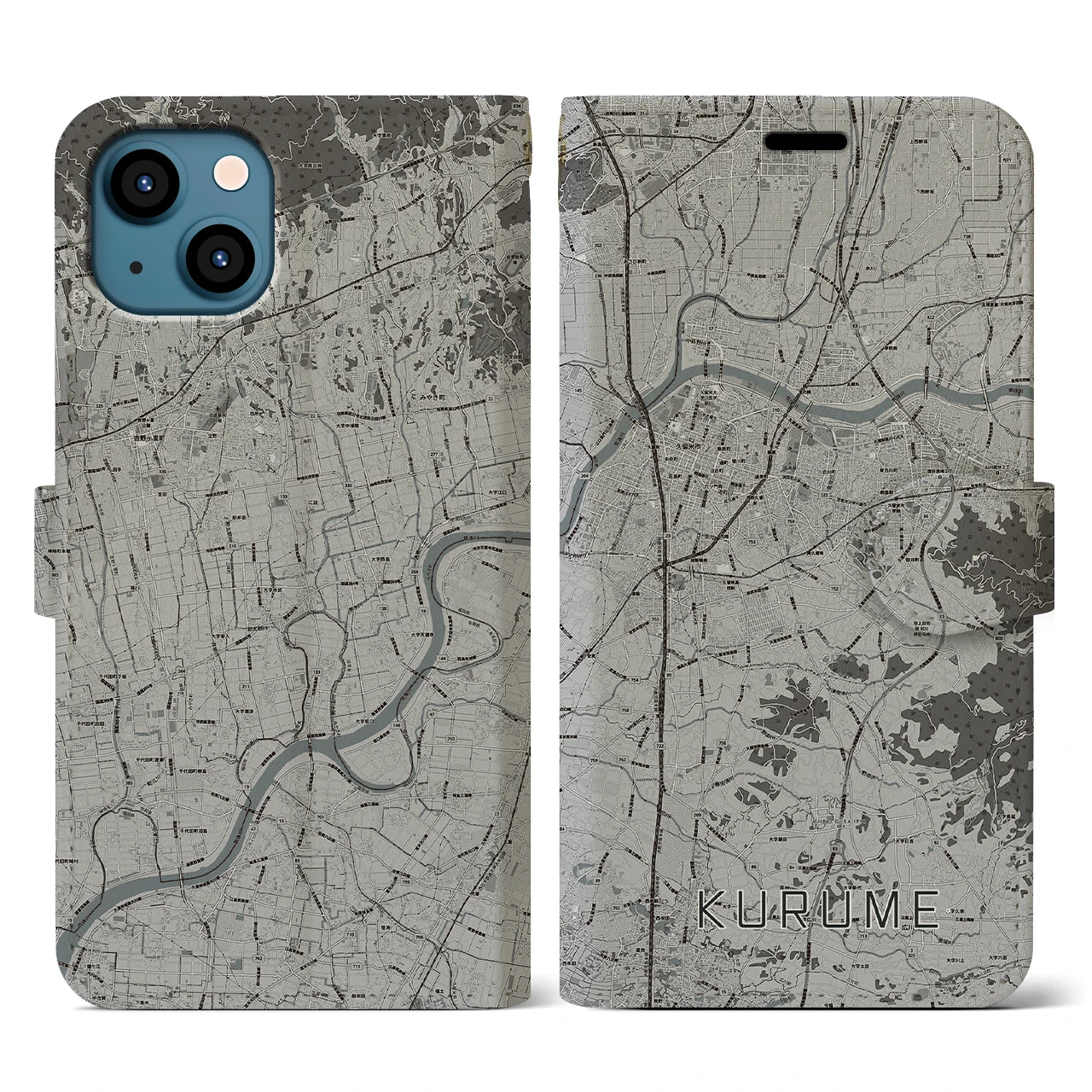 【久留米(福岡県)】地図柄iPhoneケース(手帳タイプ)モノトーン・iPhone 13 用