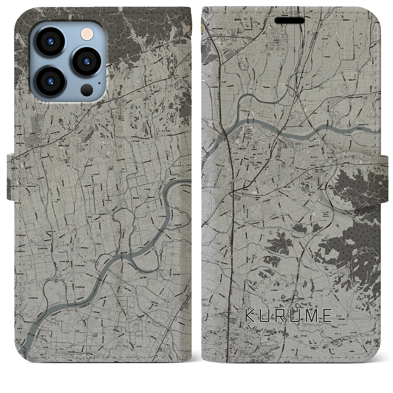 【久留米(福岡県)】地図柄iPhoneケース(手帳タイプ)モノトーン・iPhone 13 Pro Max 用