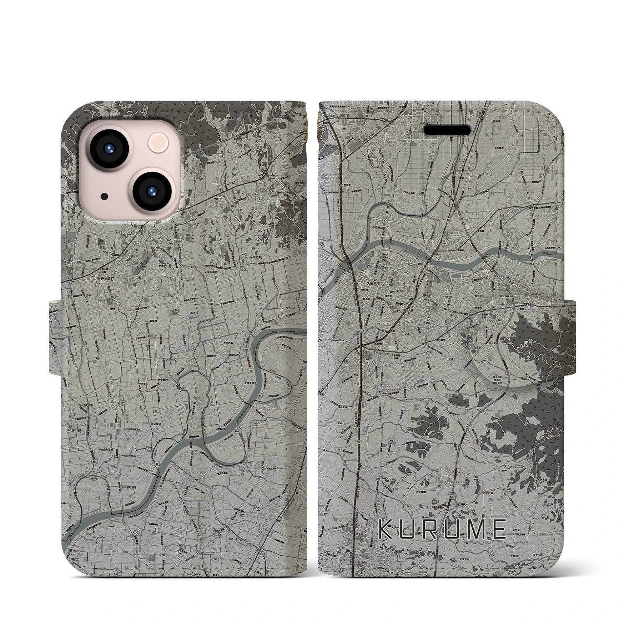 【久留米(福岡県)】地図柄iPhoneケース(手帳タイプ)モノトーン・iPhone 13 mini 用