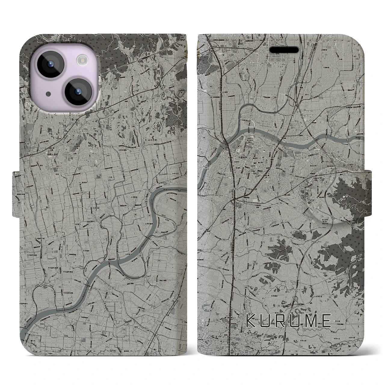 【久留米(福岡県)】地図柄iPhoneケース(手帳タイプ)モノトーン・iPhone 14 用