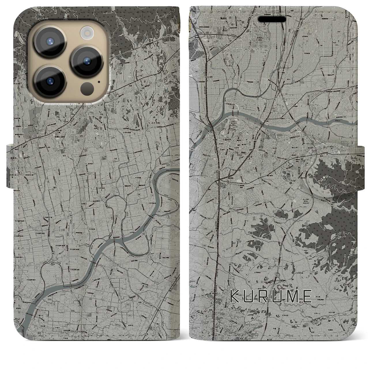 【久留米(福岡県)】地図柄iPhoneケース(手帳タイプ)モノトーン・iPhone 14 Pro Max 用