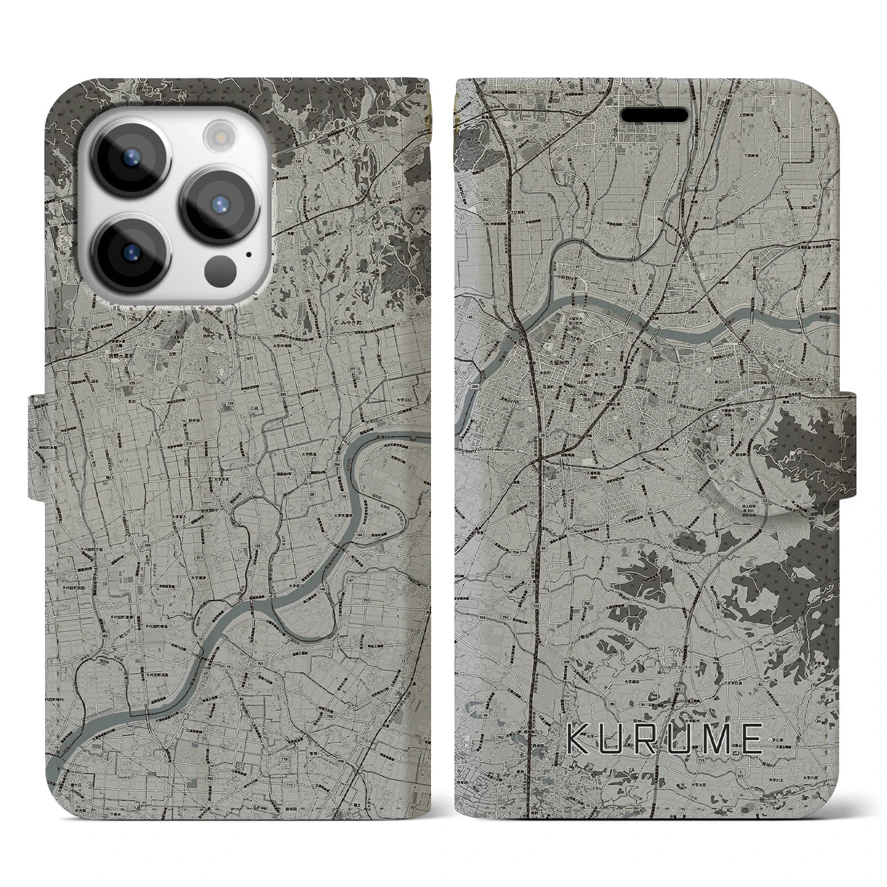 【久留米(福岡県)】地図柄iPhoneケース(手帳タイプ)モノトーン・iPhone 14 Pro 用