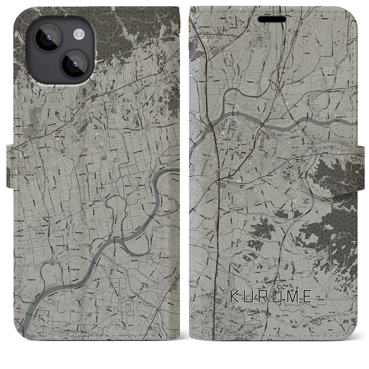 【久留米(福岡県)】地図柄iPhoneケース(手帳タイプ)モノトーン・iPhone 14 Plus 用