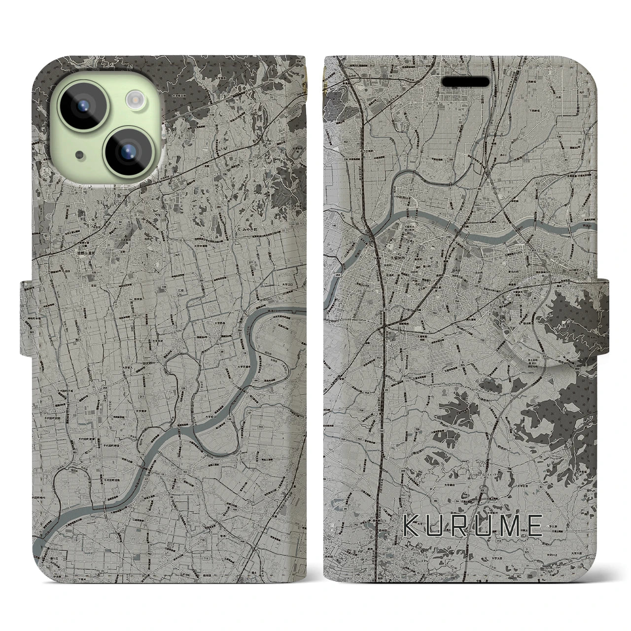 【久留米(福岡県)】地図柄iPhoneケース(手帳タイプ)モノトーン・iPhone 15 用