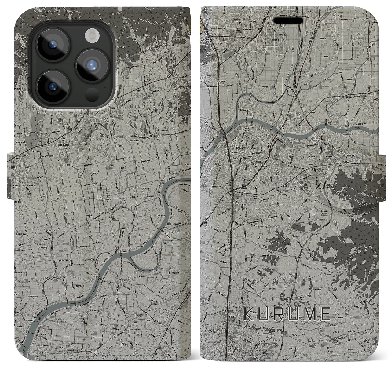 【久留米(福岡県)】地図柄iPhoneケース(手帳タイプ)モノトーン・iPhone 15 Pro Max 用