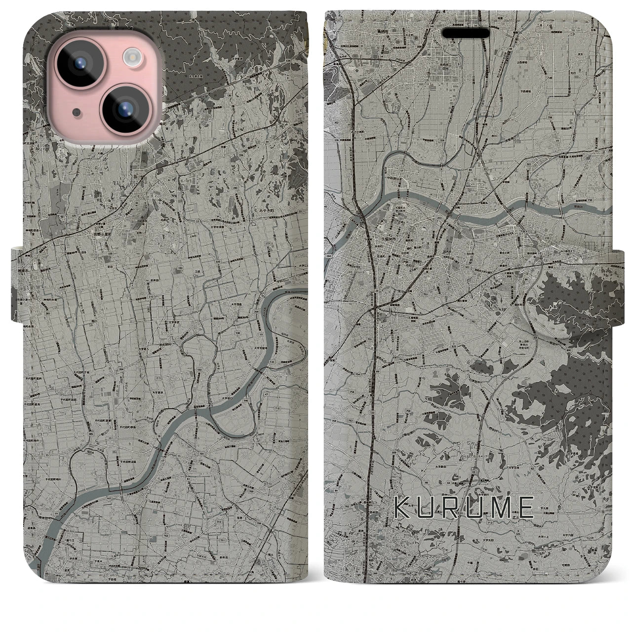 【久留米(福岡県)】地図柄iPhoneケース(手帳タイプ)モノトーン・iPhone 15 Plus 用