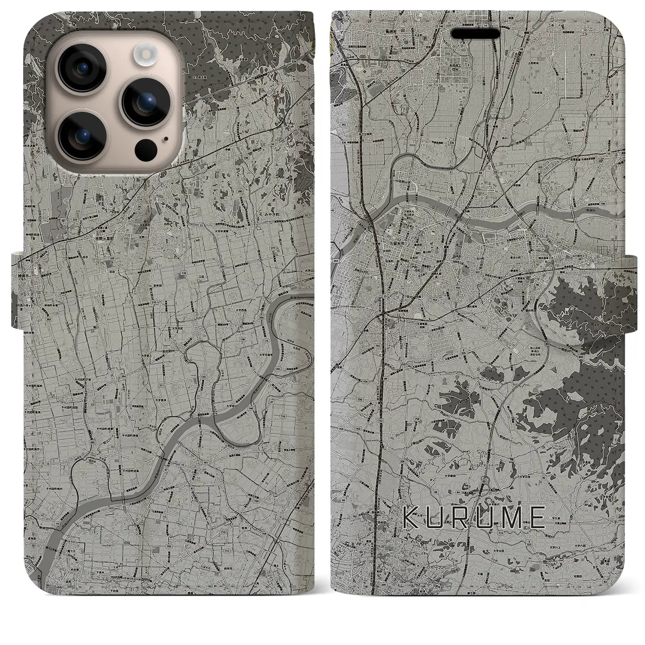 【久留米(福岡県)】地図柄iPhoneケース(手帳タイプ)モノトーン・iPhone 16 Plus 用