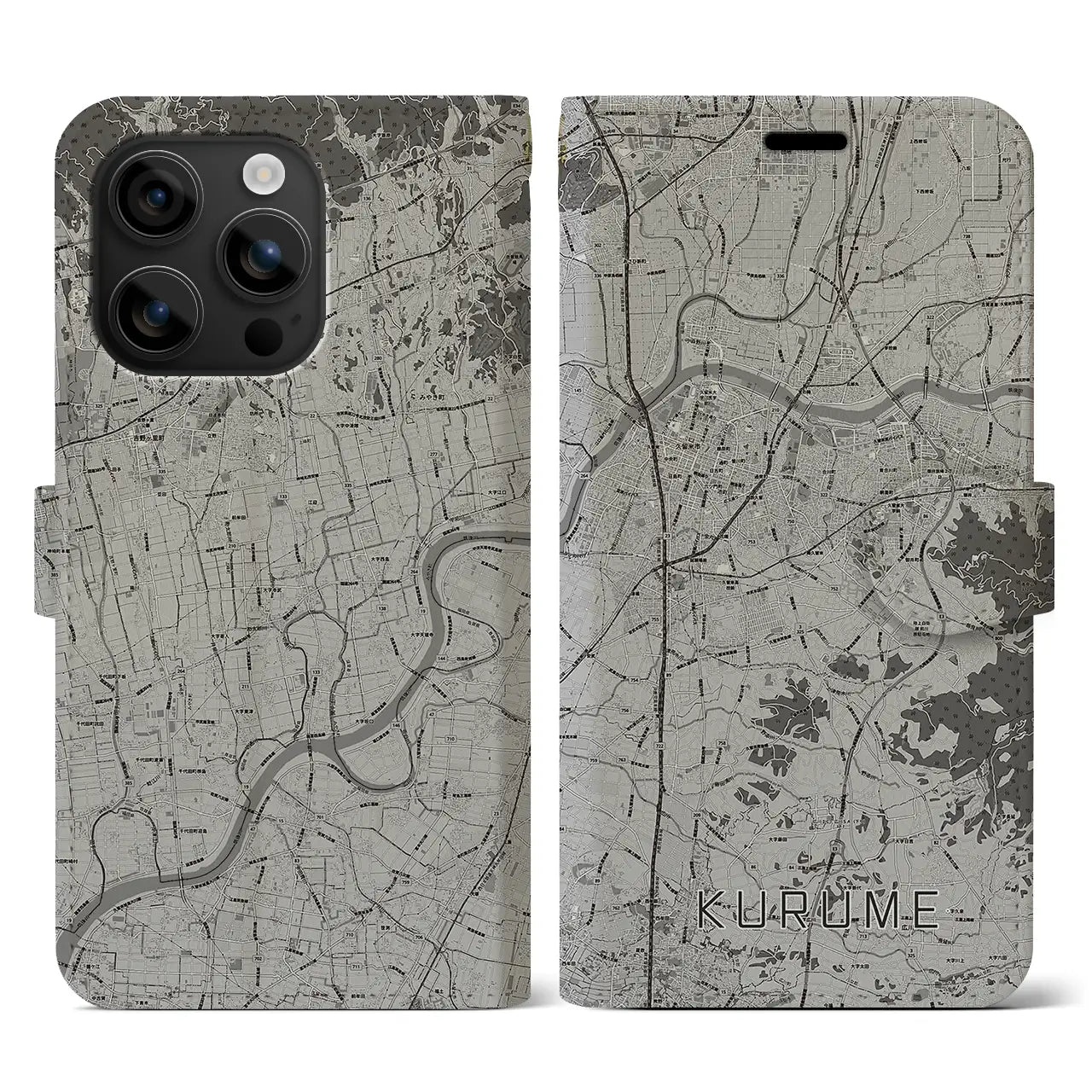 【久留米(福岡県)】地図柄iPhoneケース(手帳タイプ)モノトーン・iPhone 16 用