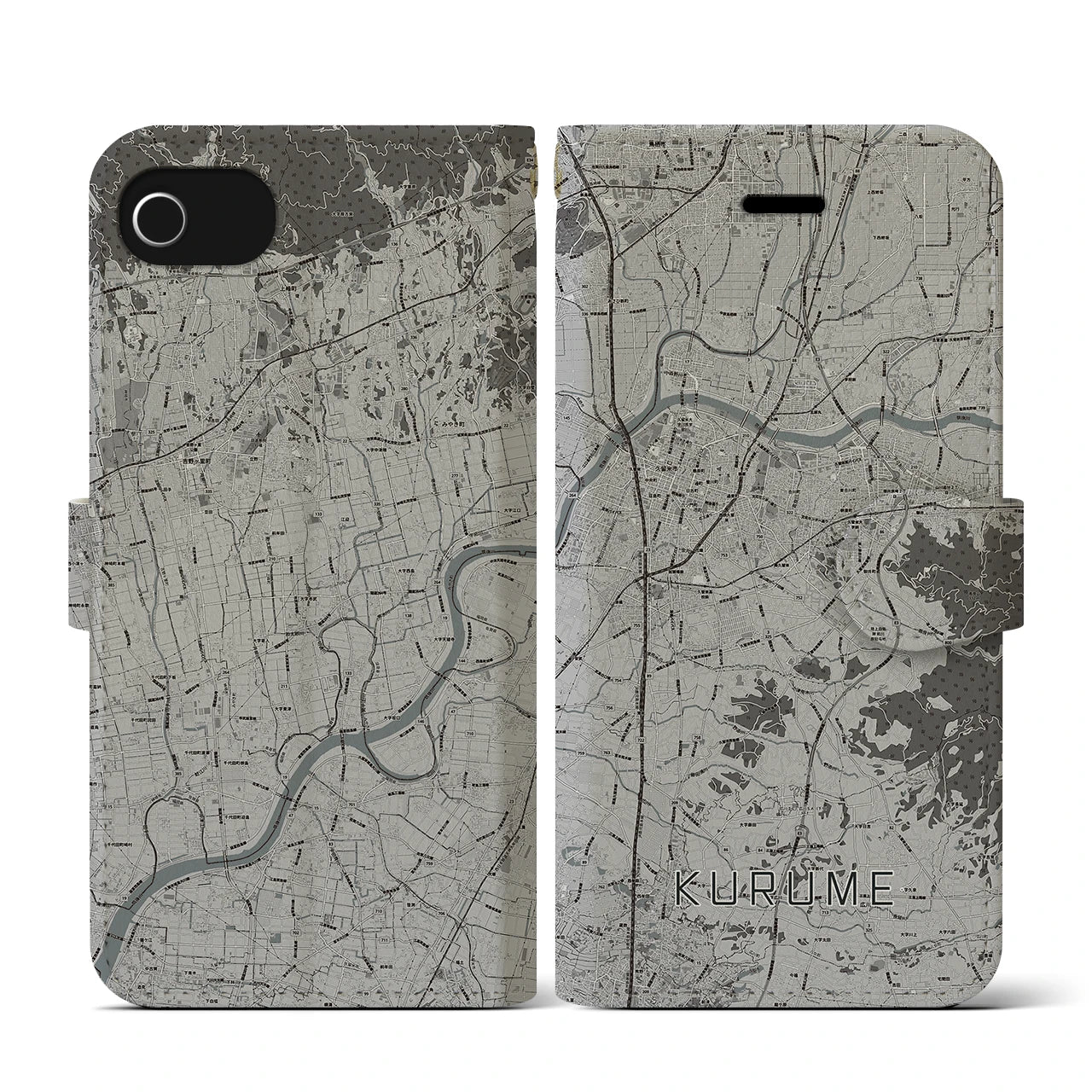 【久留米(福岡県)】地図柄iPhoneケース(手帳タイプ)モノトーン・iPhone SE(第3 / 第2世代) / 8 / 7 / 6s / 6 用