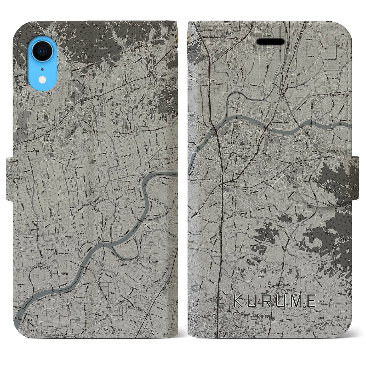 【久留米(福岡県)】地図柄iPhoneケース(手帳タイプ)モノトーン・iPhone XR 用