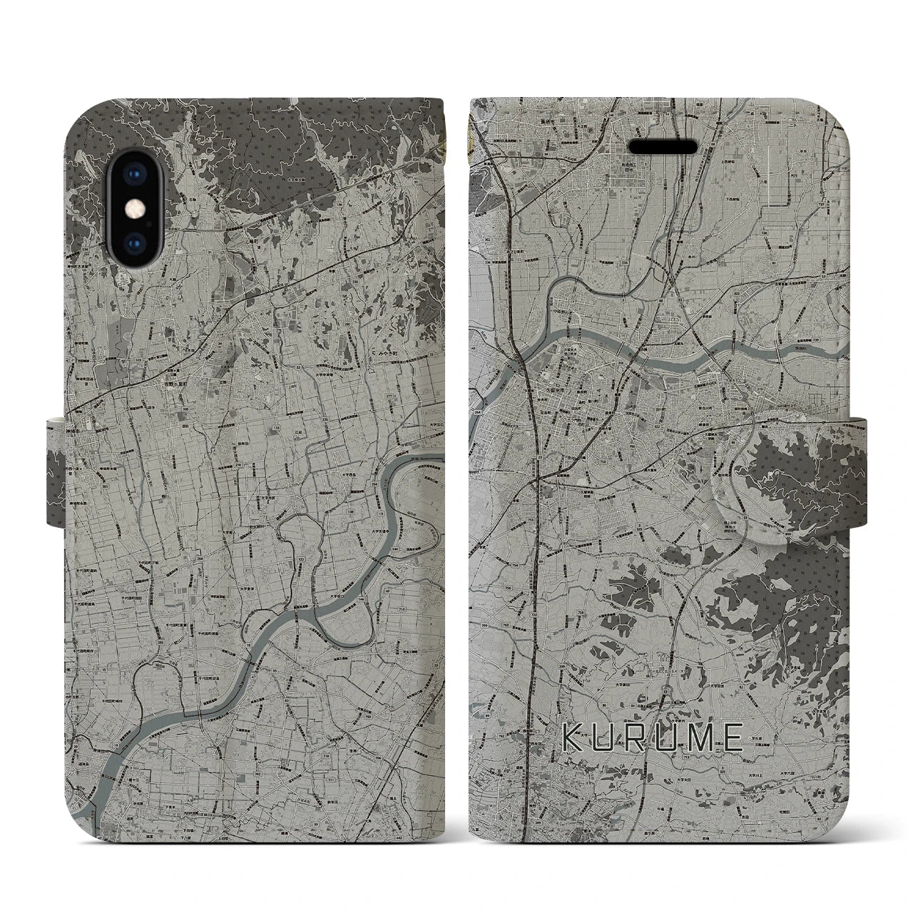 【久留米(福岡県)】地図柄iPhoneケース(手帳タイプ)モノトーン・iPhone XS / X 用