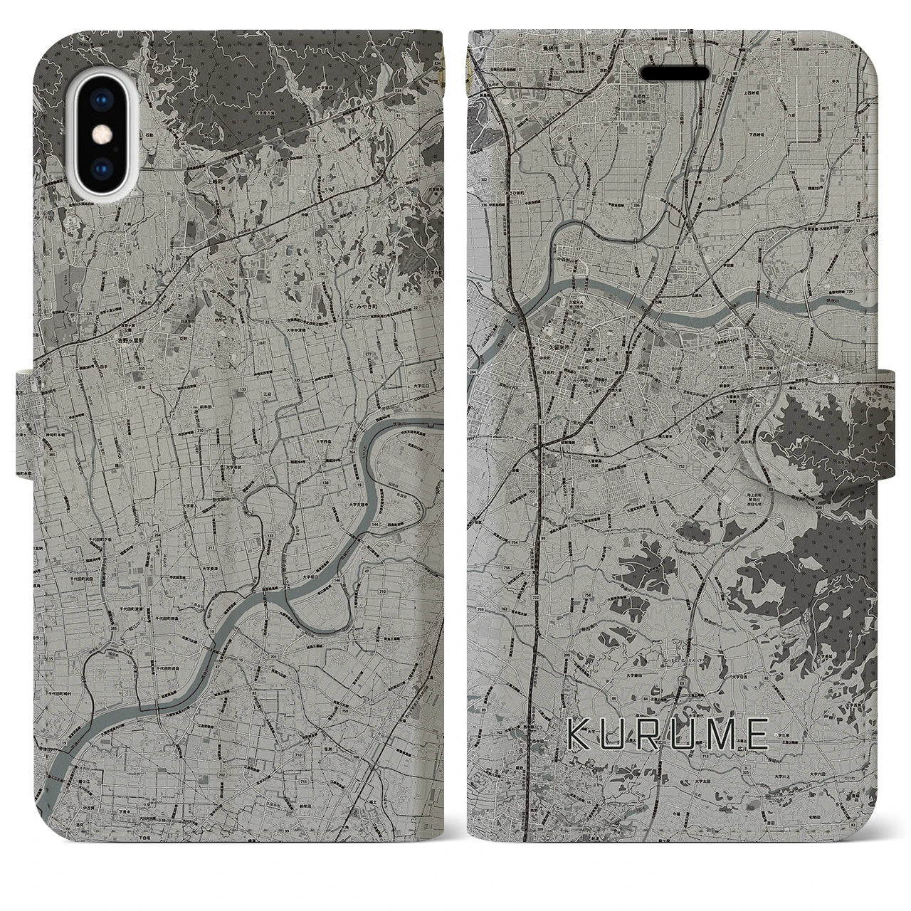 【久留米(福岡県)】地図柄iPhoneケース(手帳タイプ)モノトーン・iPhone XS Max 用
