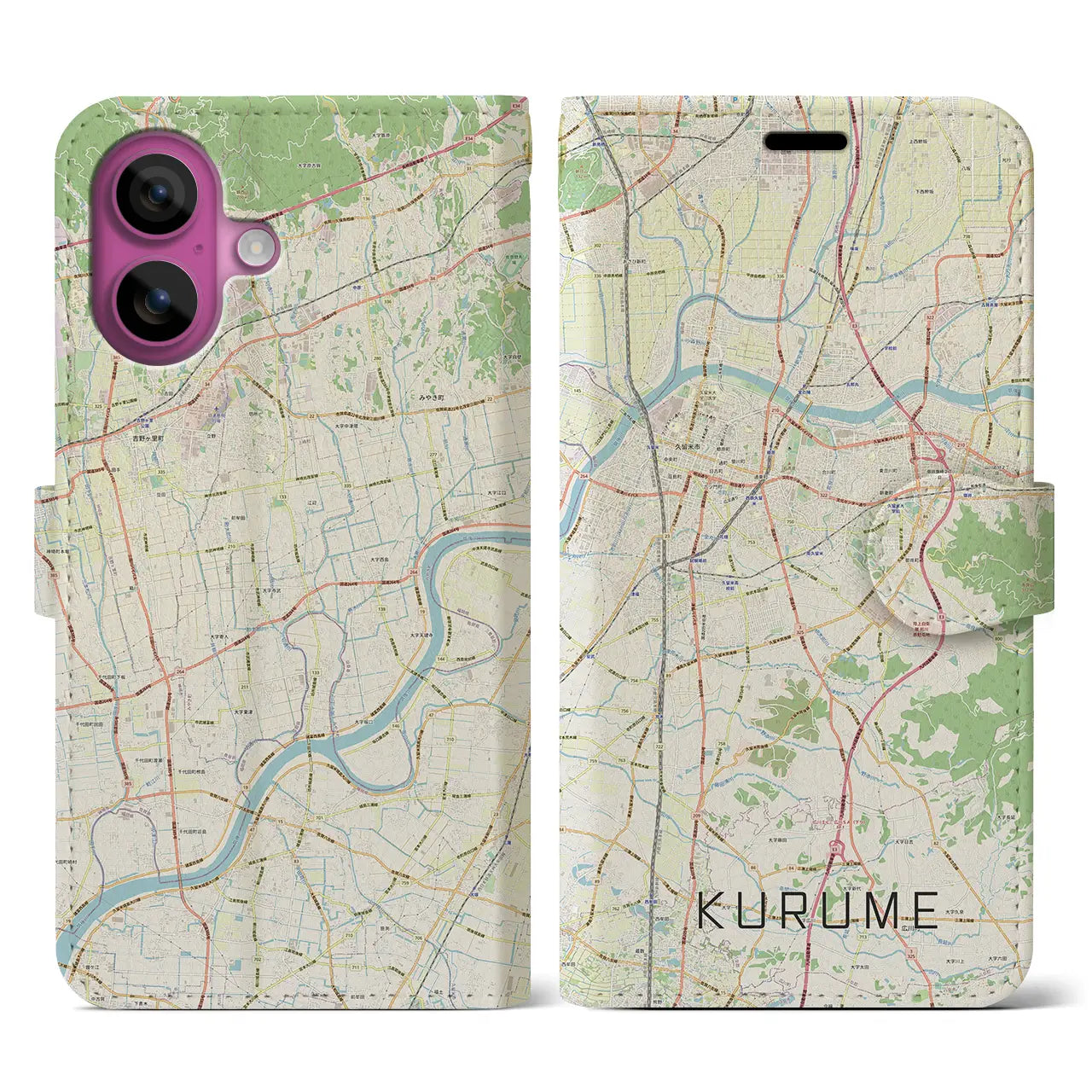 【久留米(福岡県)】地図柄iPhoneケース(手帳タイプ)ナチュラル・iPhone 16 Pro 用