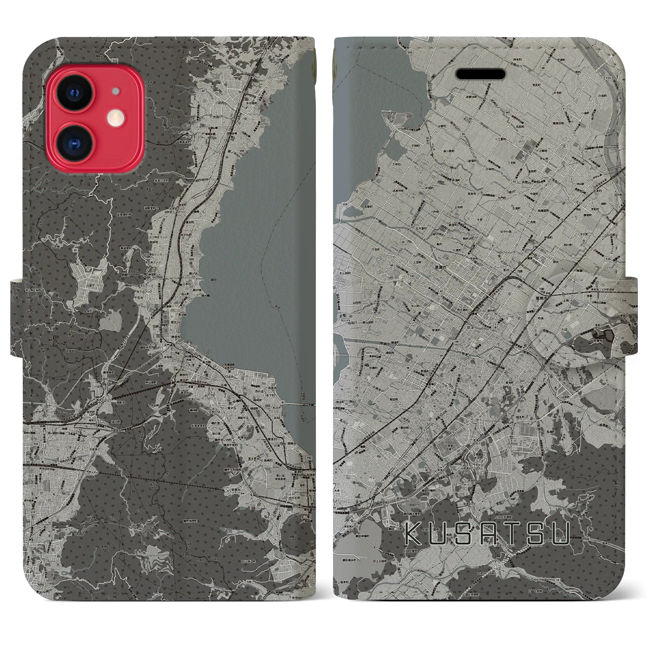 【草津(滋賀県)】地図柄iPhoneケース(手帳タイプ)モノトーン・iPhone 11 用