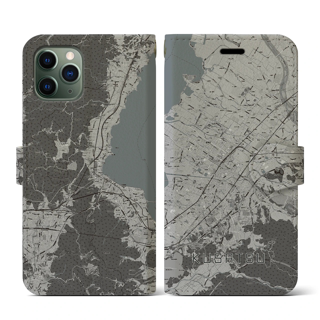 【草津(滋賀県)】地図柄iPhoneケース(手帳タイプ)モノトーン・iPhone 11 Pro 用