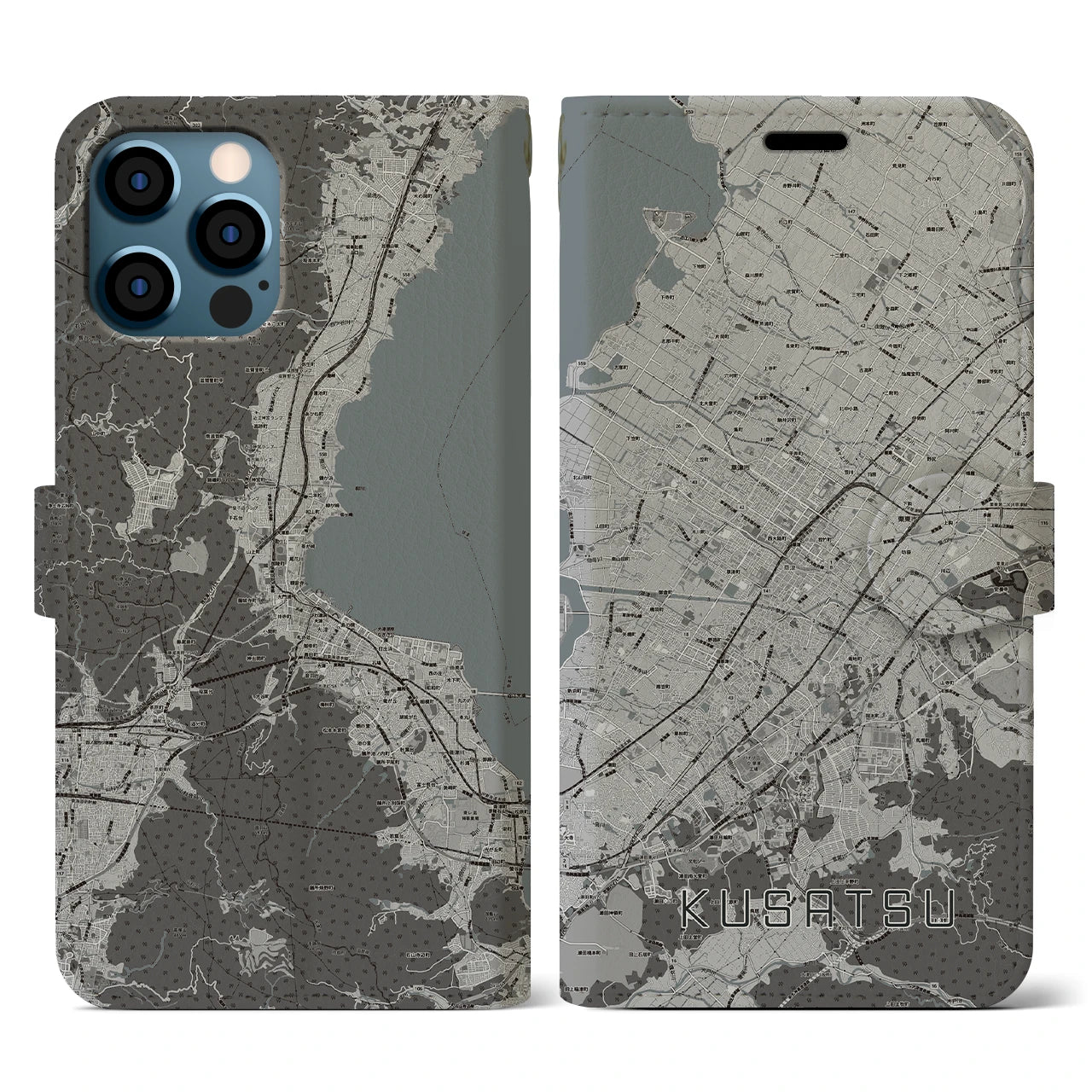 【草津(滋賀県)】地図柄iPhoneケース(手帳タイプ)モノトーン・iPhone 12 / 12 Pro 用