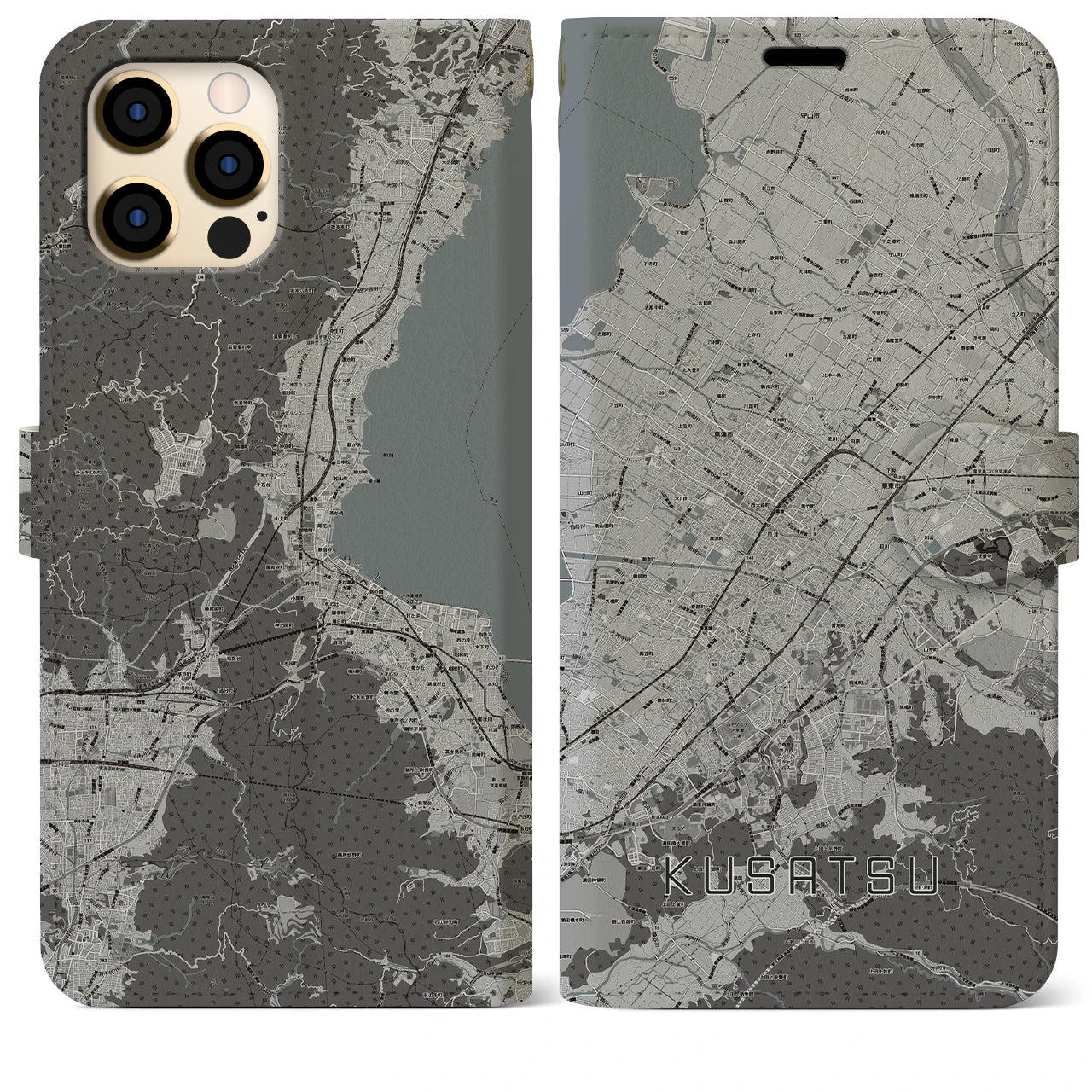【草津(滋賀県)】地図柄iPhoneケース(手帳タイプ)モノトーン・iPhone 12 Pro Max 用