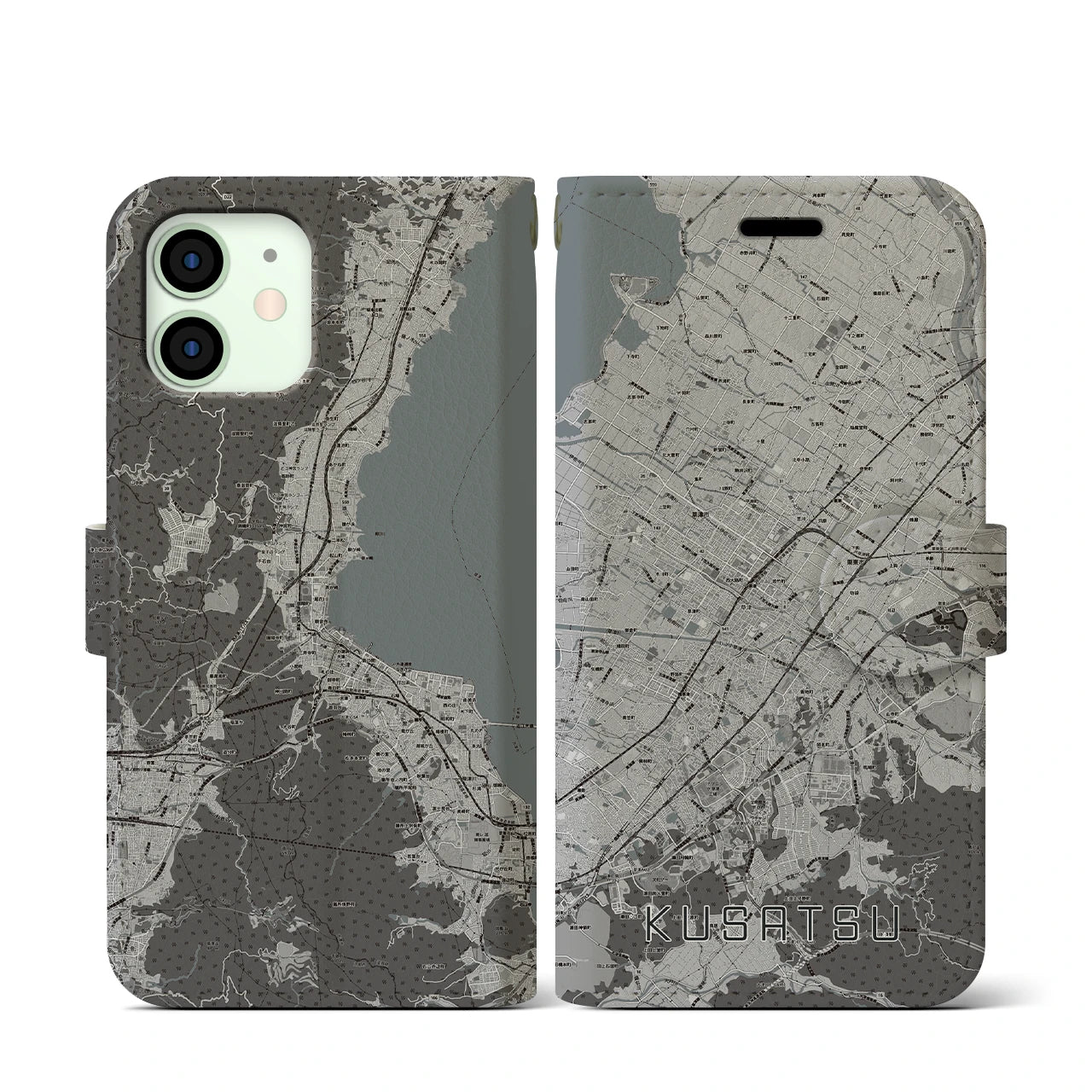 【草津(滋賀県)】地図柄iPhoneケース(手帳タイプ)モノトーン・iPhone 12 mini 用