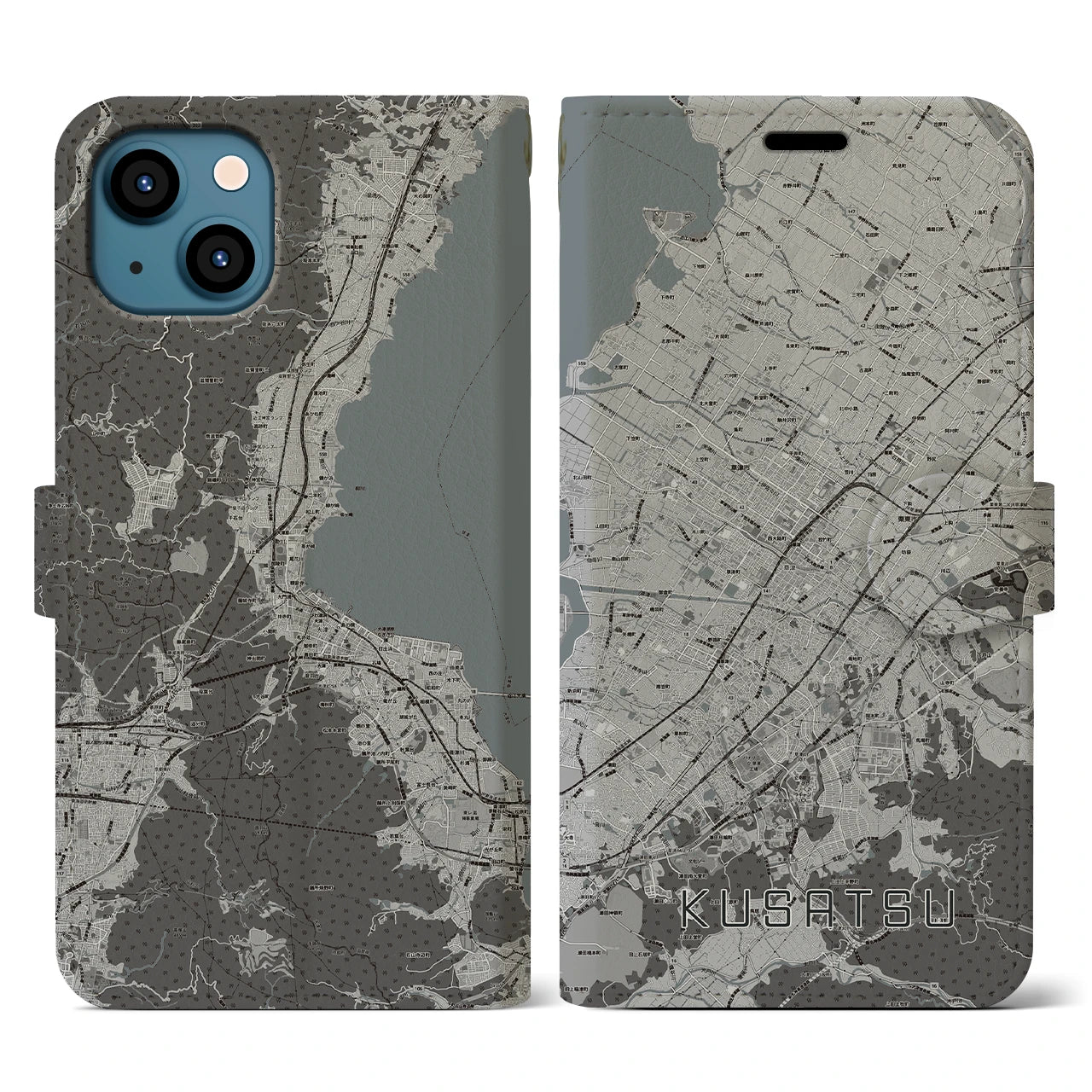 【草津(滋賀県)】地図柄iPhoneケース(手帳タイプ)モノトーン・iPhone 13 用
