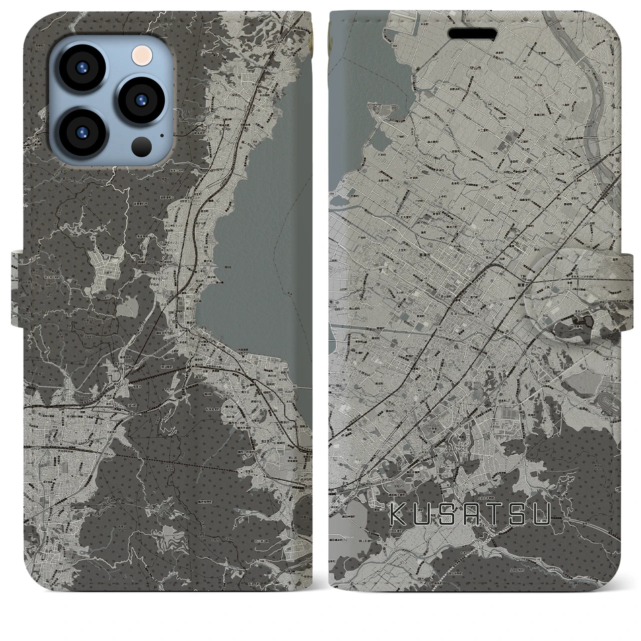 【草津(滋賀県)】地図柄iPhoneケース(手帳タイプ)モノトーン・iPhone 13 Pro Max 用