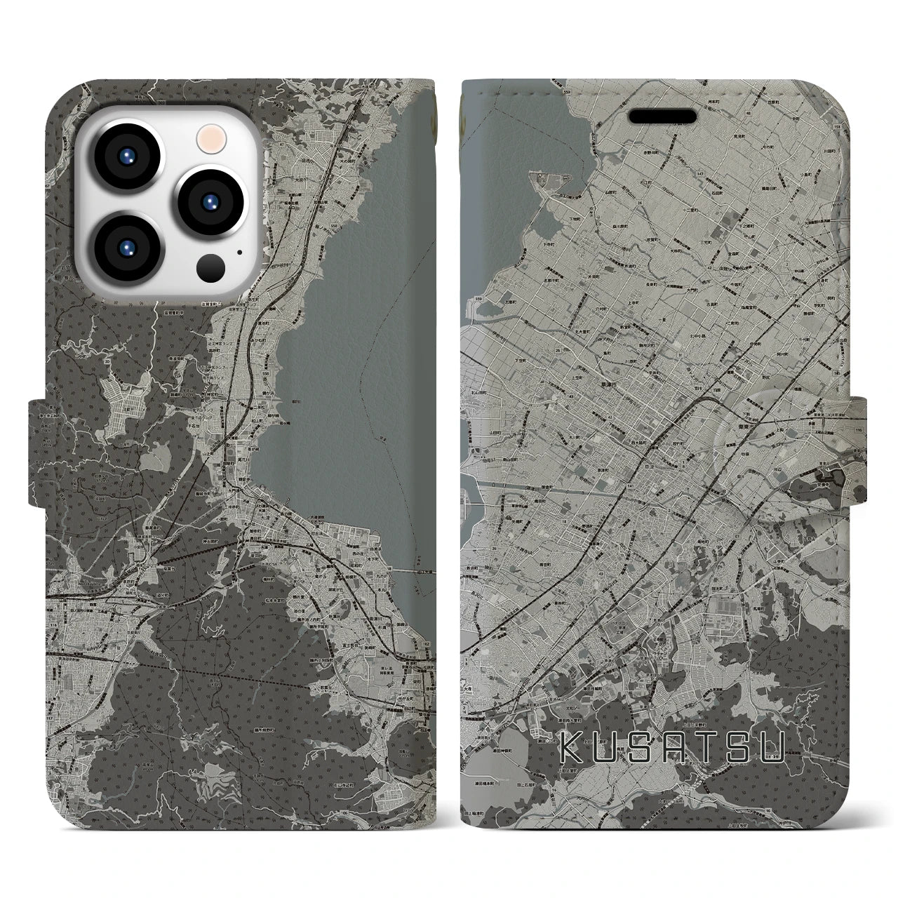 【草津(滋賀県)】地図柄iPhoneケース(手帳タイプ)モノトーン・iPhone 13 Pro 用