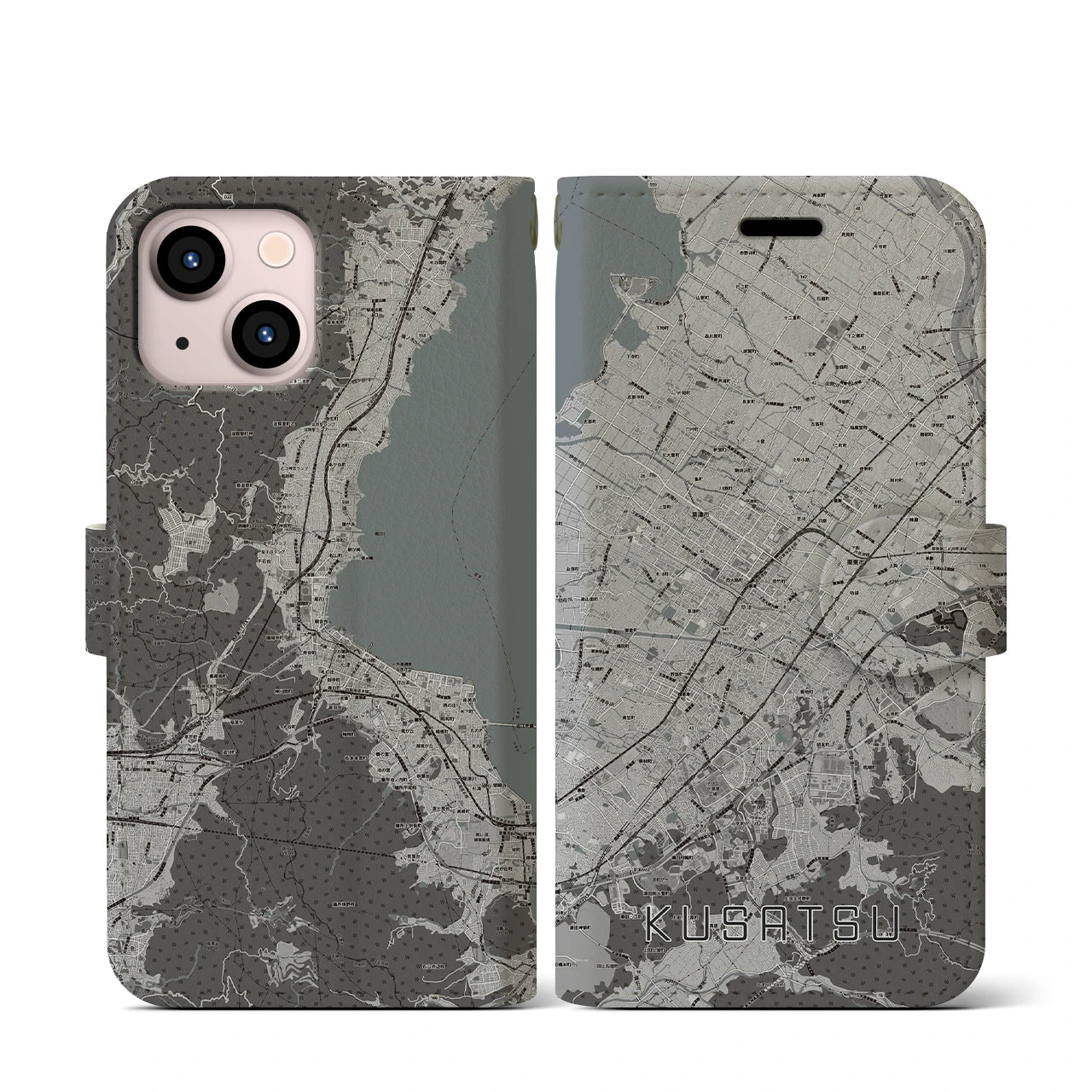 【草津(滋賀県)】地図柄iPhoneケース(手帳タイプ)モノトーン・iPhone 13 mini 用