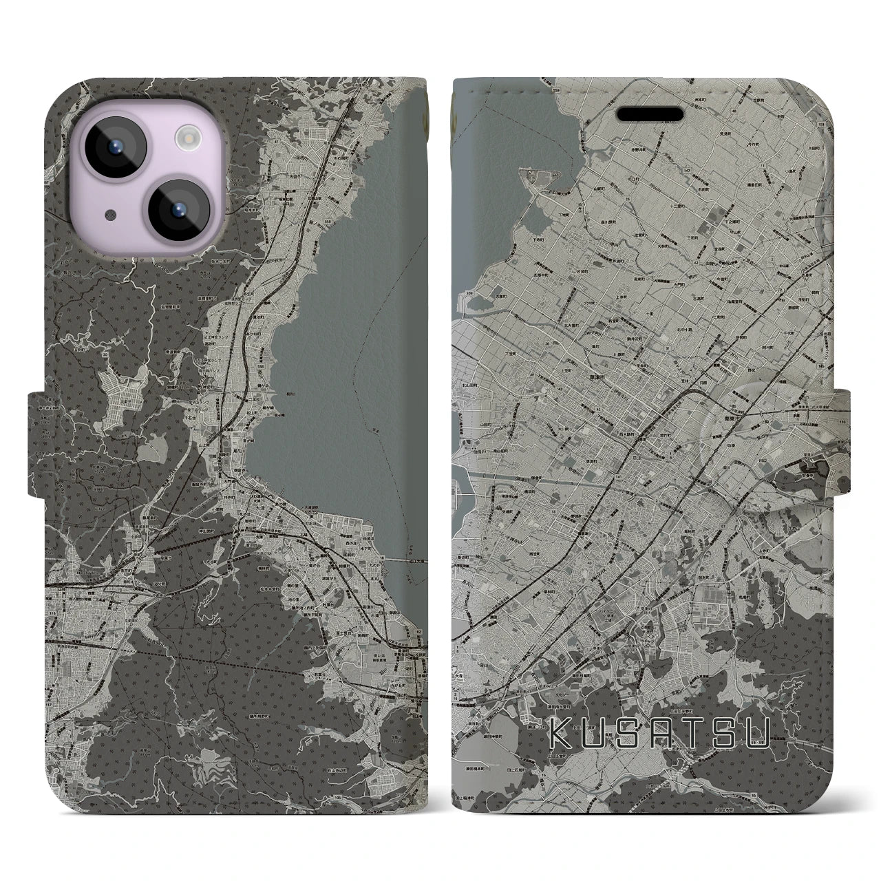 【草津(滋賀県)】地図柄iPhoneケース(手帳タイプ)モノトーン・iPhone 14 用