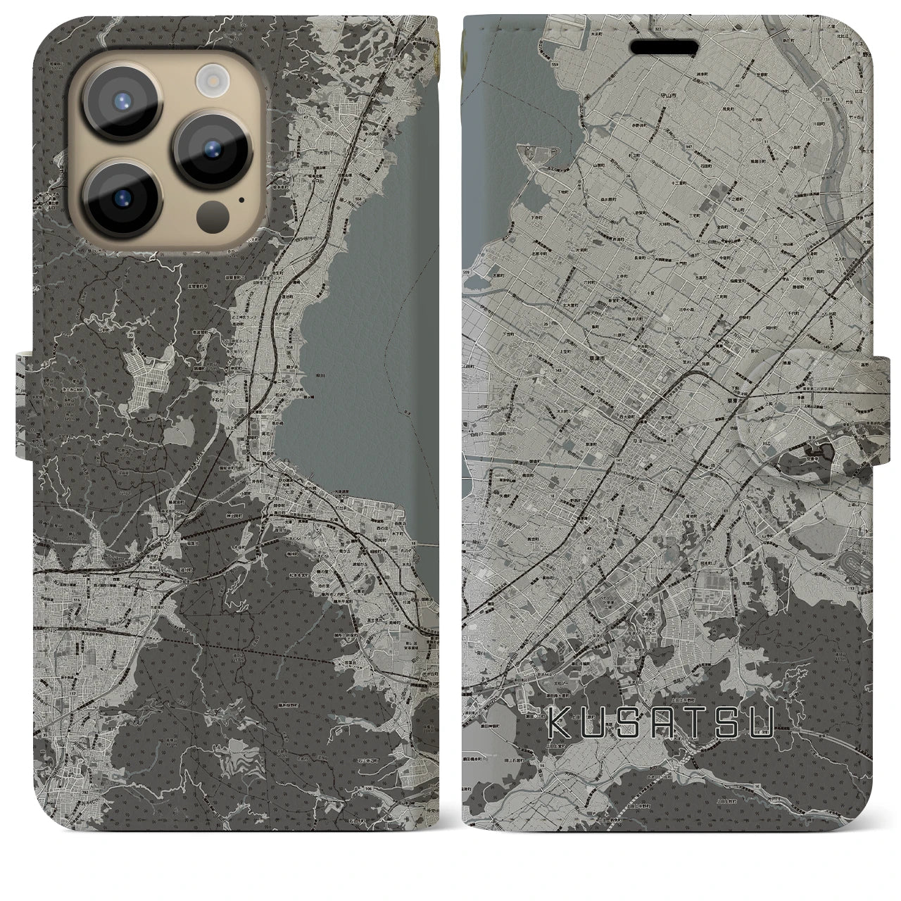 【草津(滋賀県)】地図柄iPhoneケース(手帳タイプ)モノトーン・iPhone 14 Pro Max 用