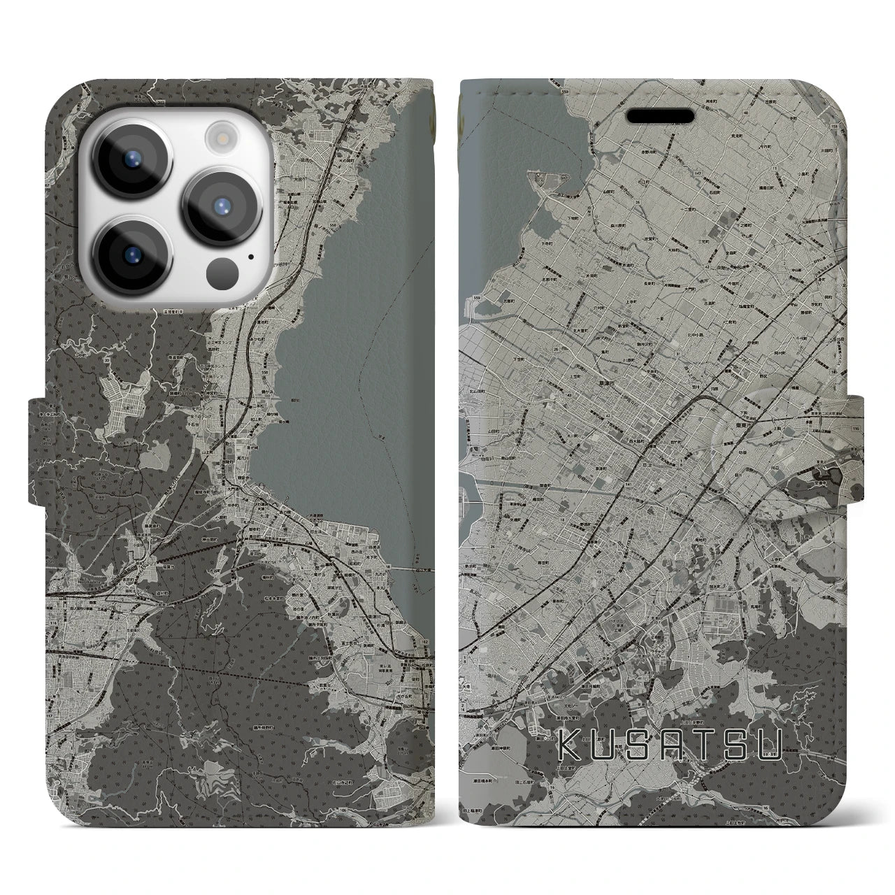 【草津(滋賀県)】地図柄iPhoneケース(手帳タイプ)モノトーン・iPhone 14 Pro 用