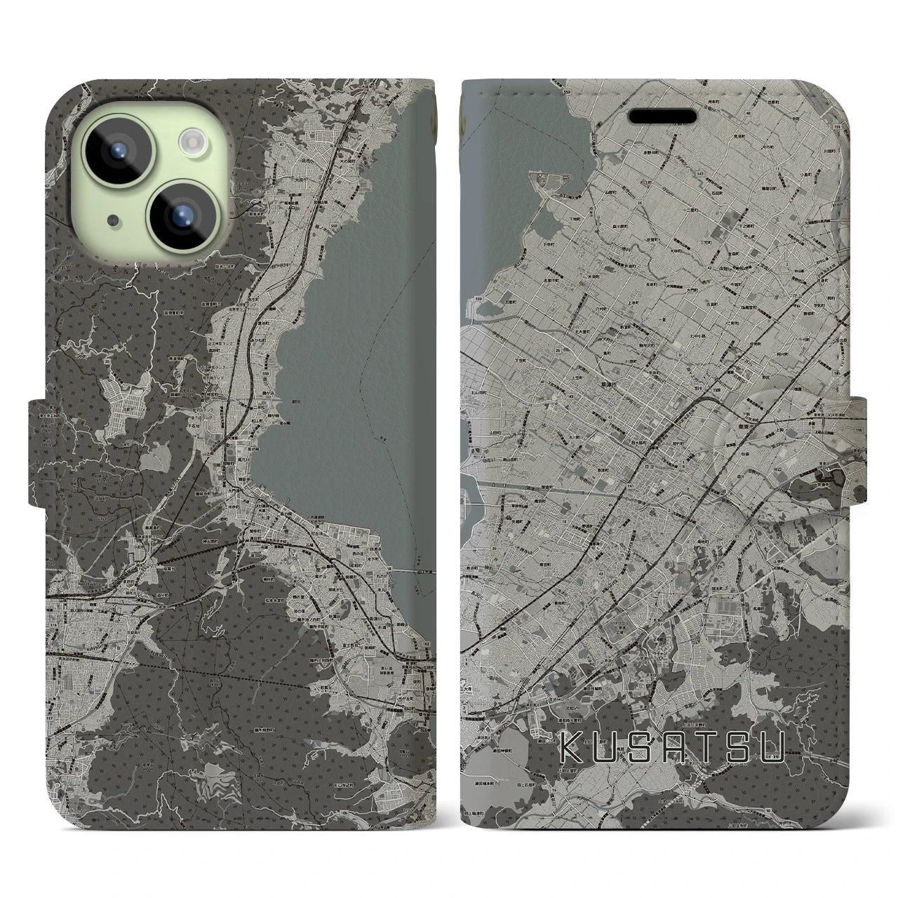 【草津(滋賀県)】地図柄iPhoneケース(手帳タイプ)モノトーン・iPhone 15 用