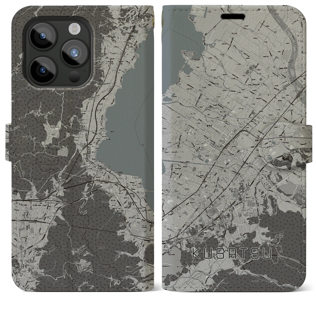 【草津(滋賀県)】地図柄iPhoneケース(手帳タイプ)モノトーン・iPhone 15 Pro Max 用