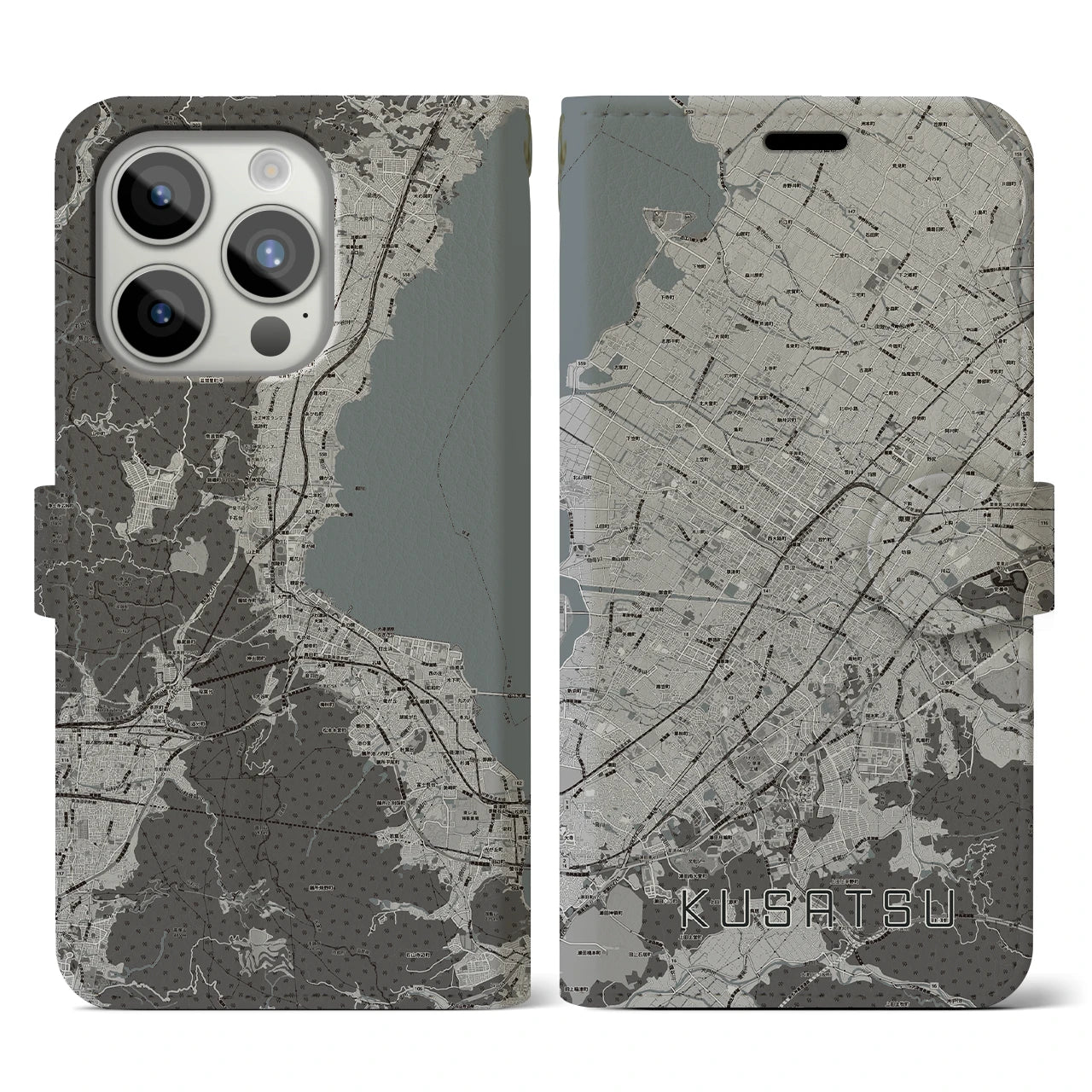 【草津(滋賀県)】地図柄iPhoneケース(手帳タイプ)モノトーン・iPhone 15 Pro 用
